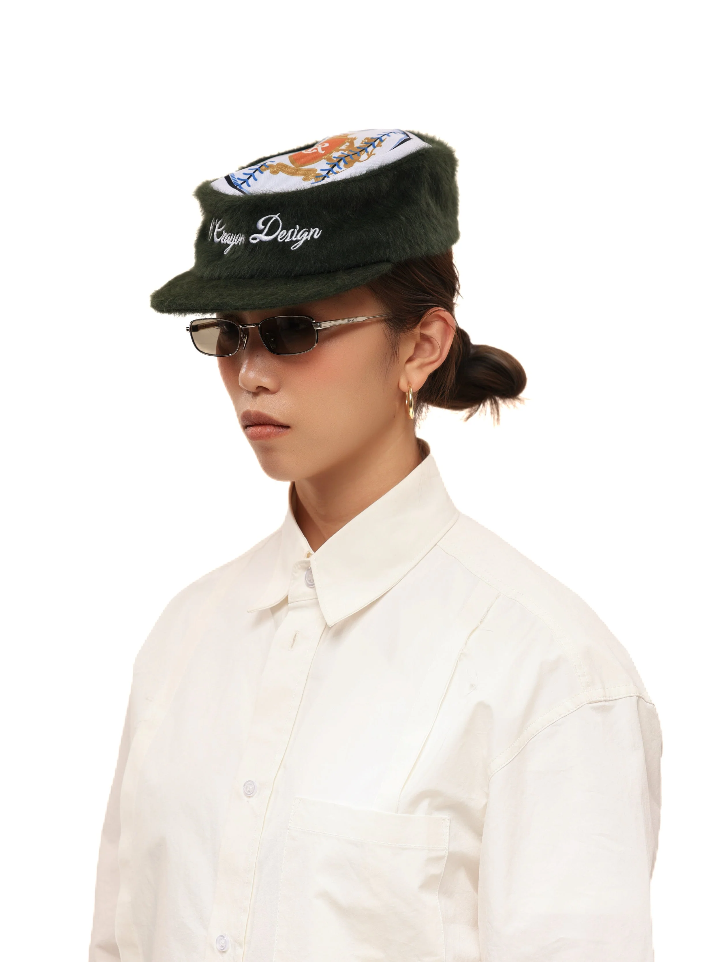 6CRAYON Flat Top Embroidered Rabbit Fur Olive Green Pa tchwork Baseball Cap - Image 11