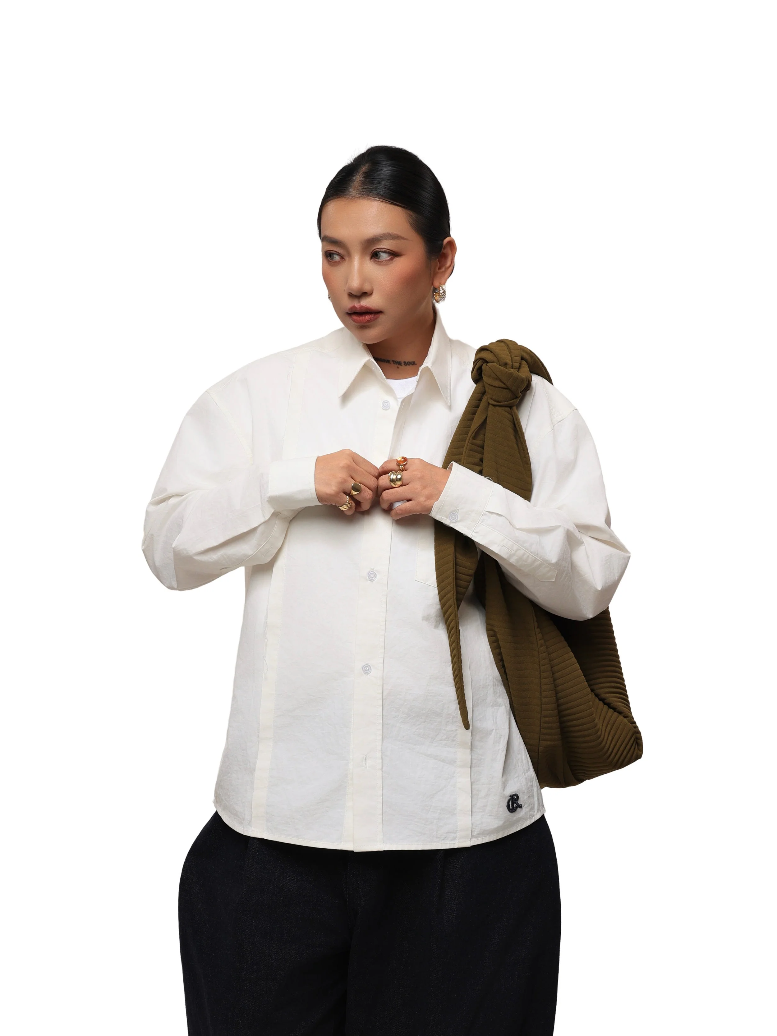 6CRAYON Patchwork Basic Beige Cotton Poplin Embroidered Shirt - Image 15