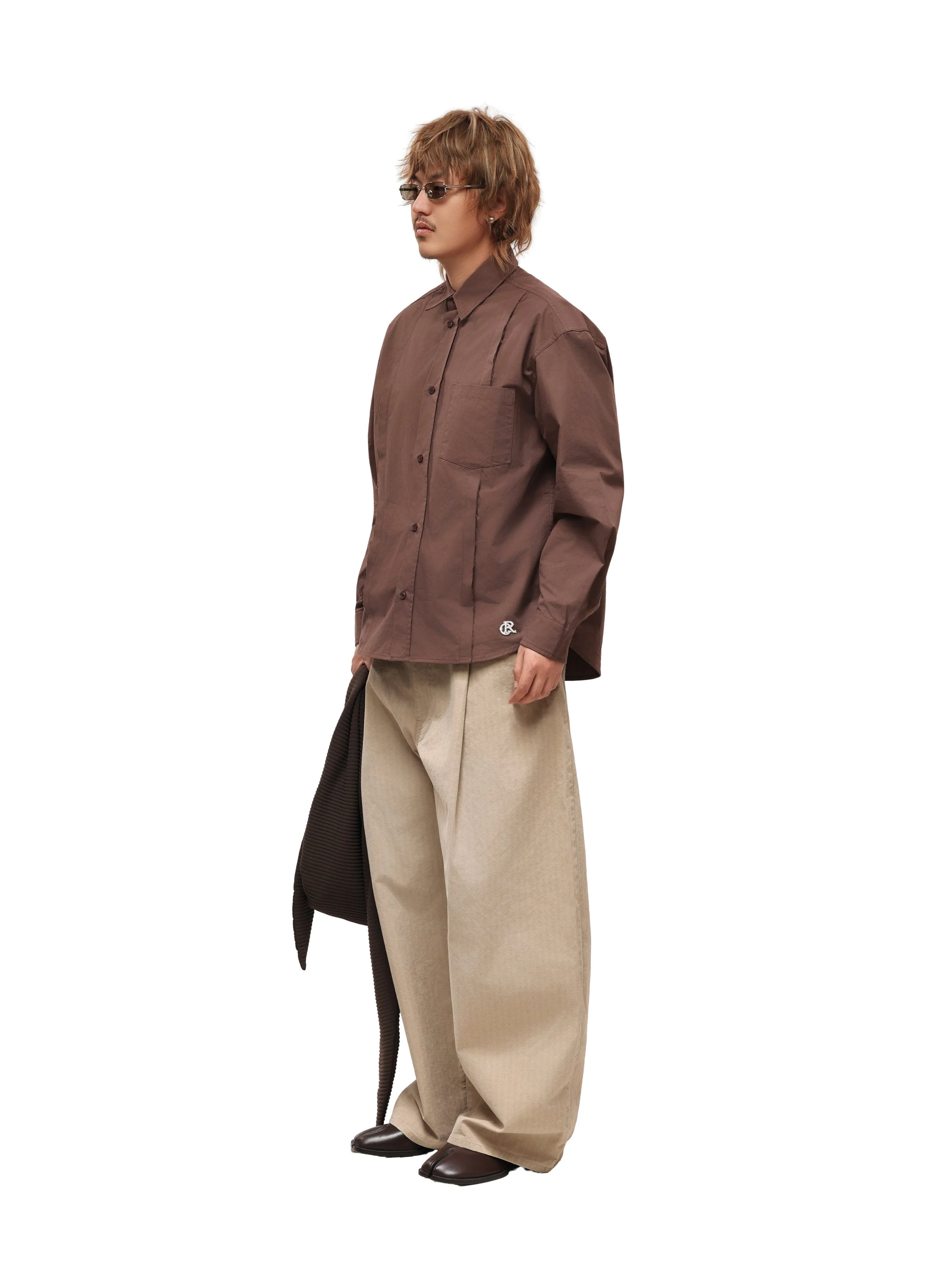 6CRAYON Patchwork Basic Brown Cotton Poplin Embroidered Shirt - Image 11