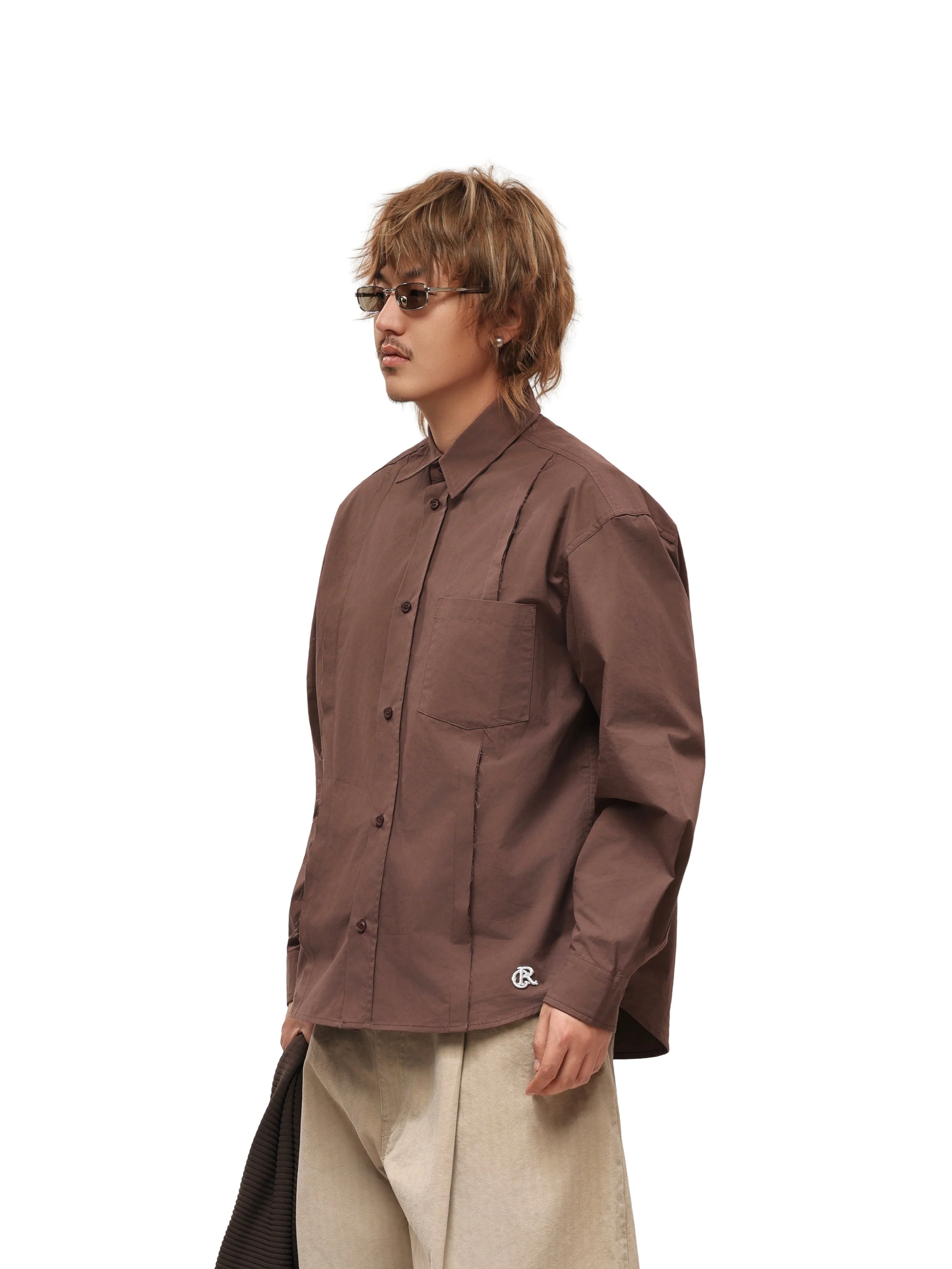 6CRAYON Patchwork Basic Brown Cotton Poplin Embroidered Shirt - Image 15