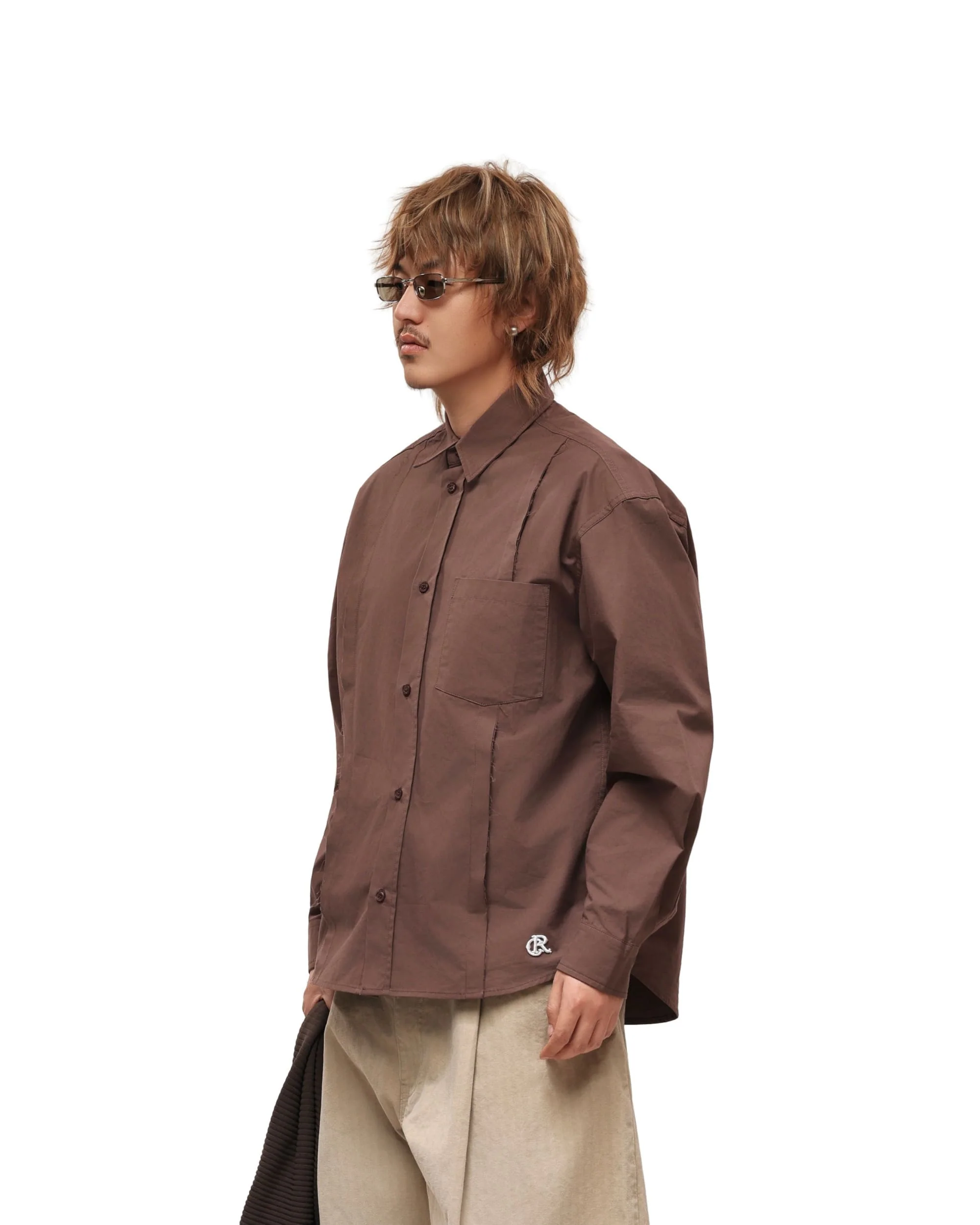 6CRAYON Patchwork Basic Brown Cotton Poplin Embroidered Shirt - Image 5