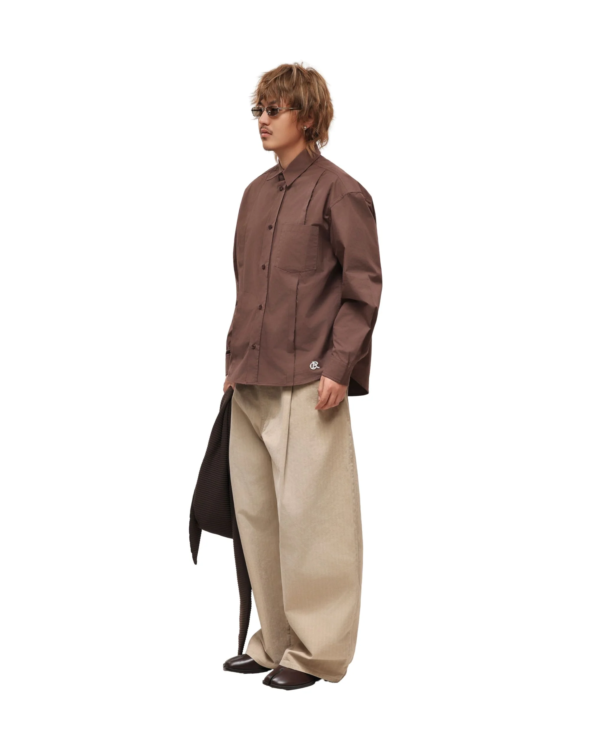 6CRAYON Patchwork Basic Brown Cotton Poplin Embroidered Shirt - Image 9