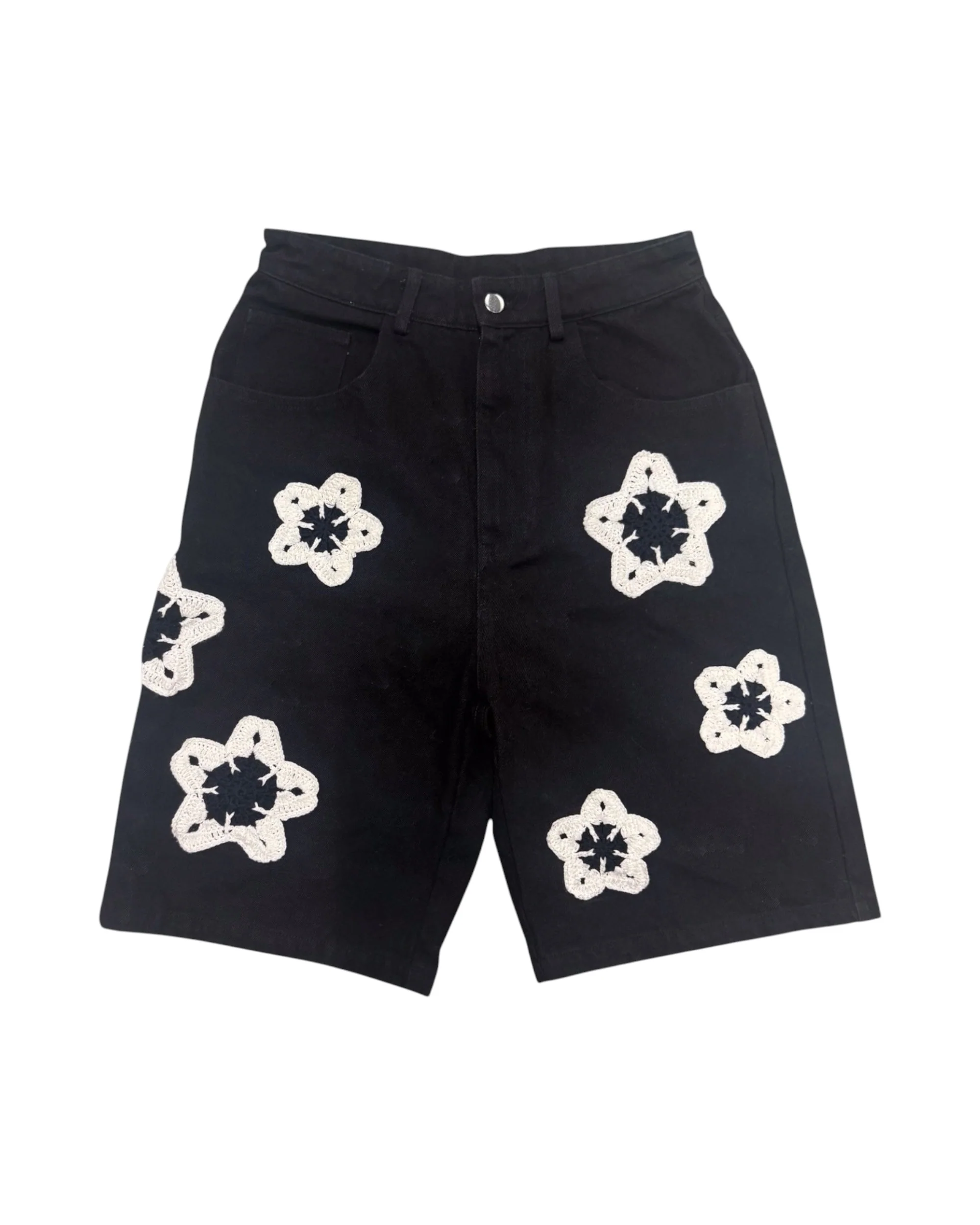 Black Flower Crochet Patch Denim Shorts