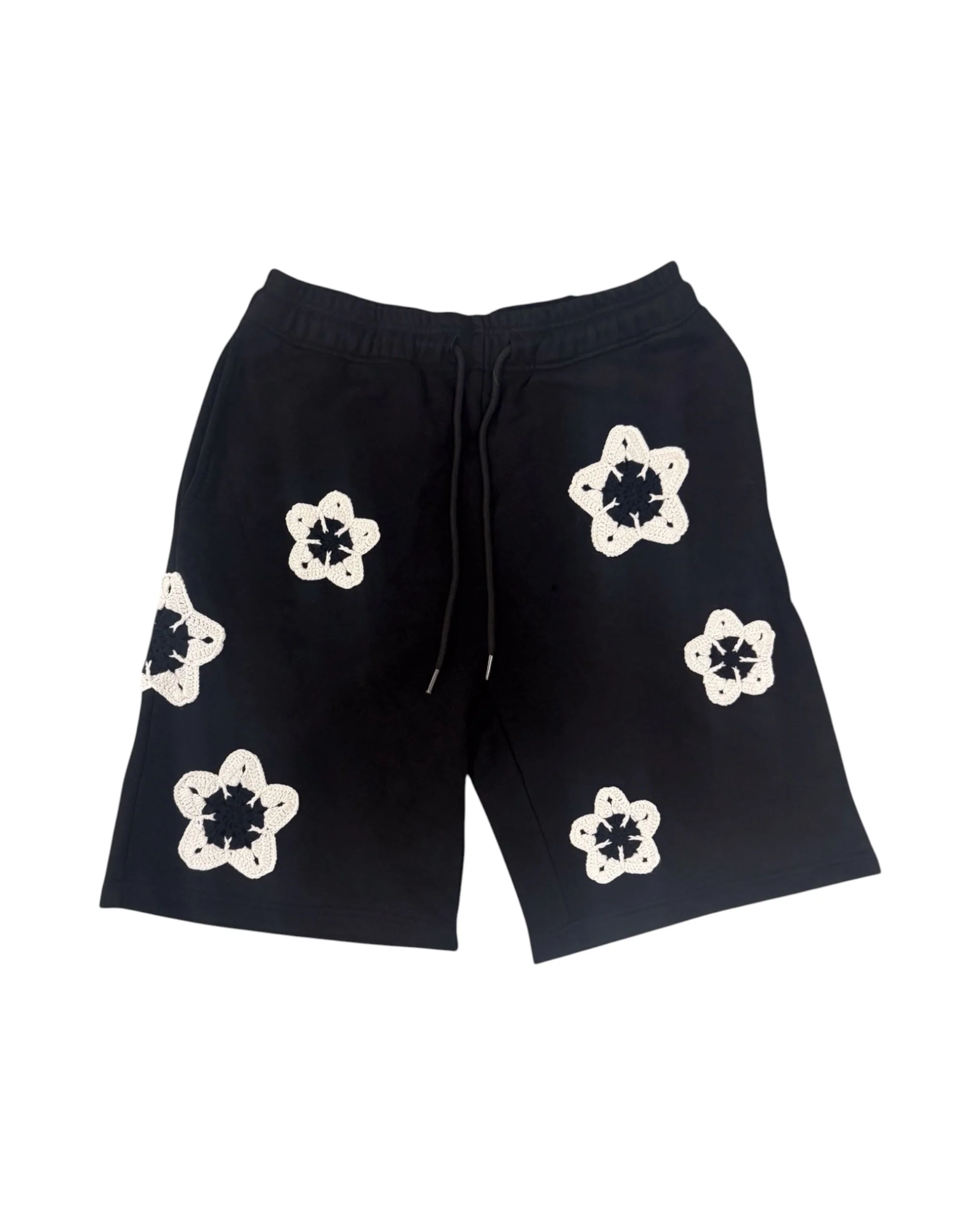 Black Flower Crochet Patch Sweatshorts
