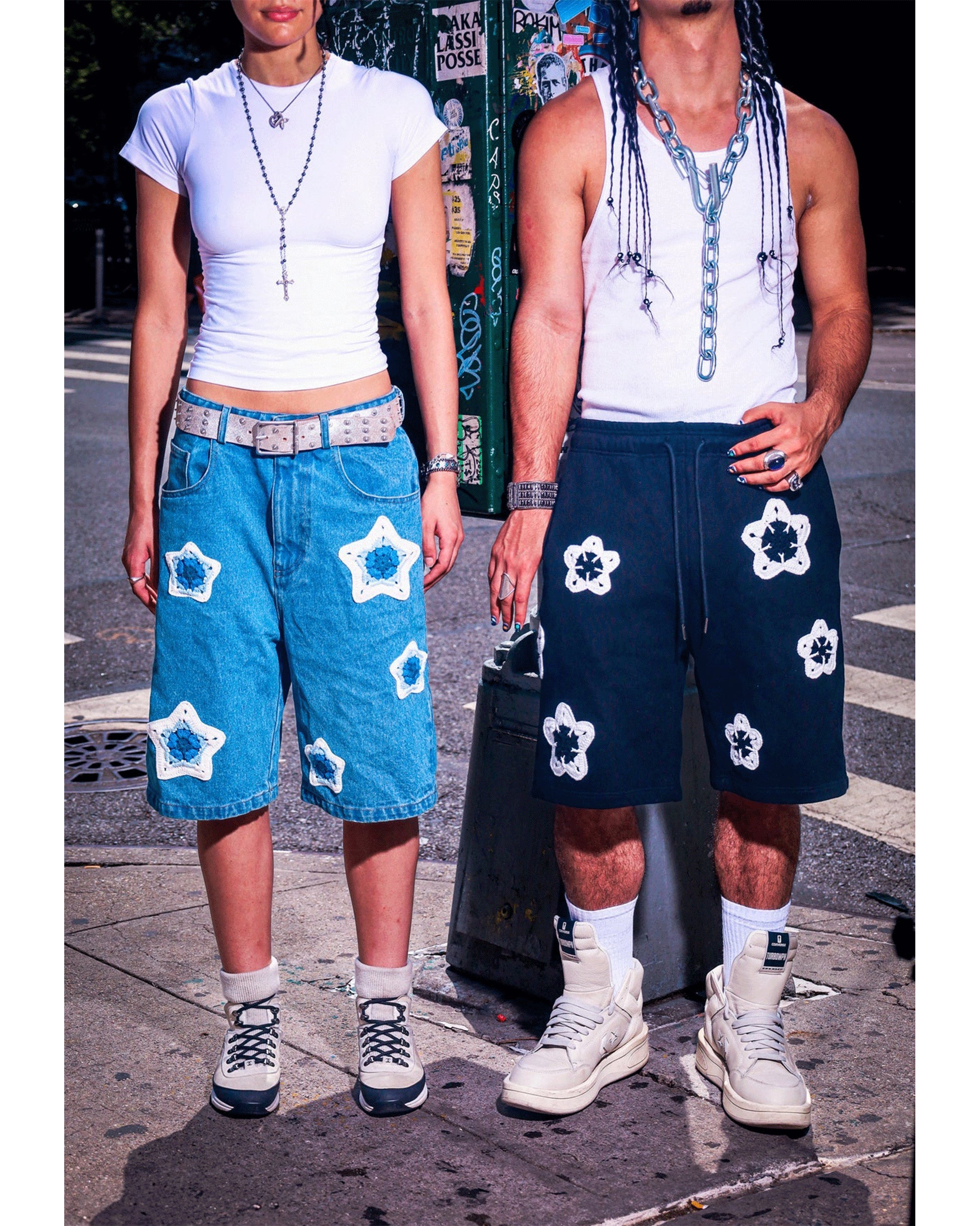 Blue Star Crochet Patch Denim Shorts - Image 3