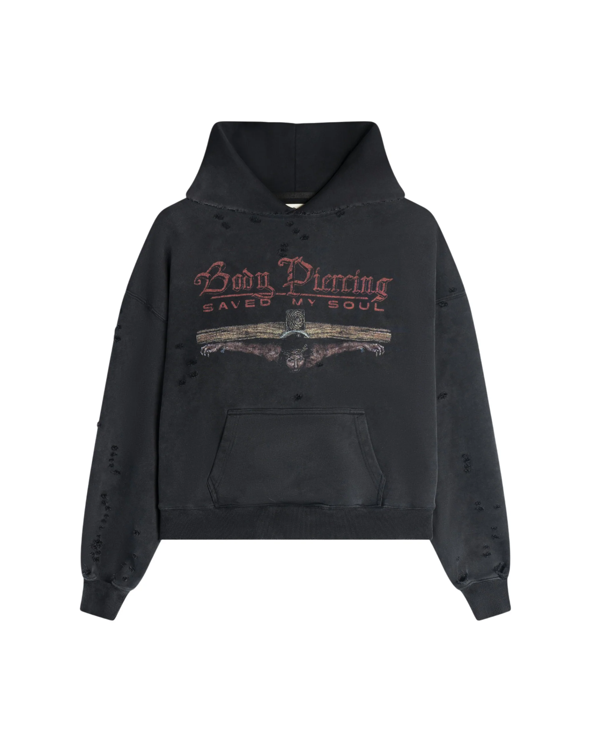 "BODY PIERCING" DISTRESSED HOODIE
