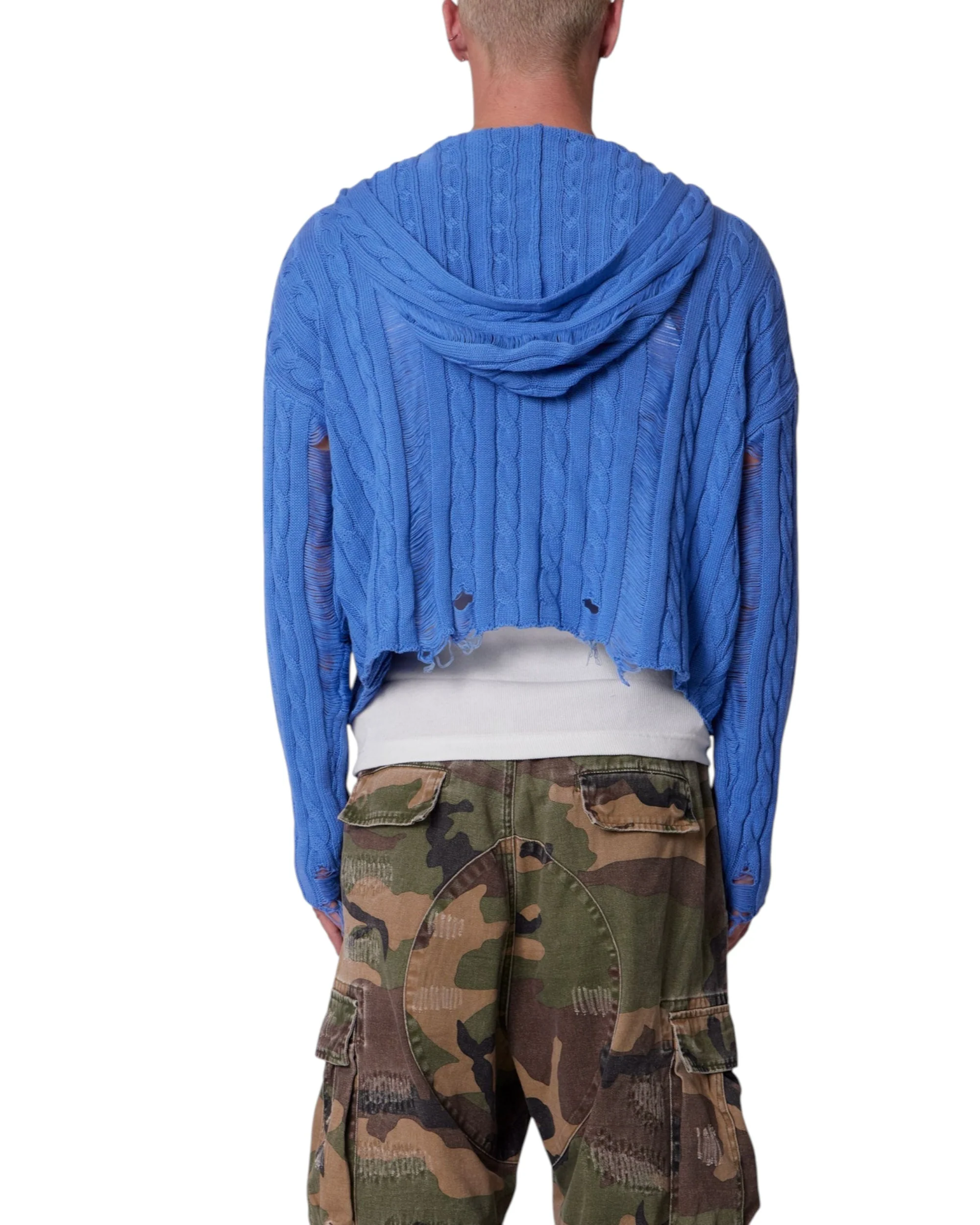 Cable Knit Hooded Sweater - Washed Blue - Image 3