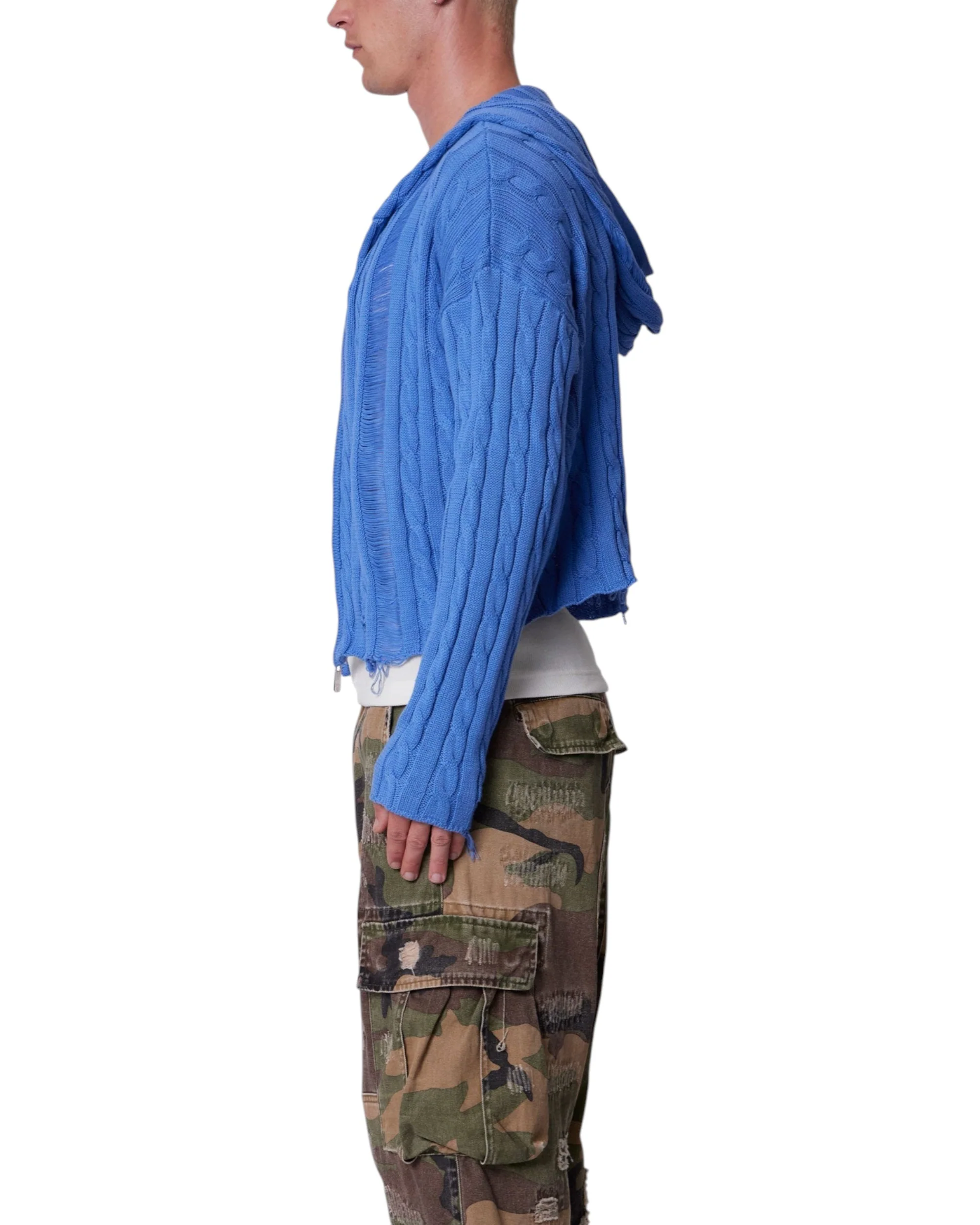 Cable Knit Hooded Sweater - Washed Blue - Image 6