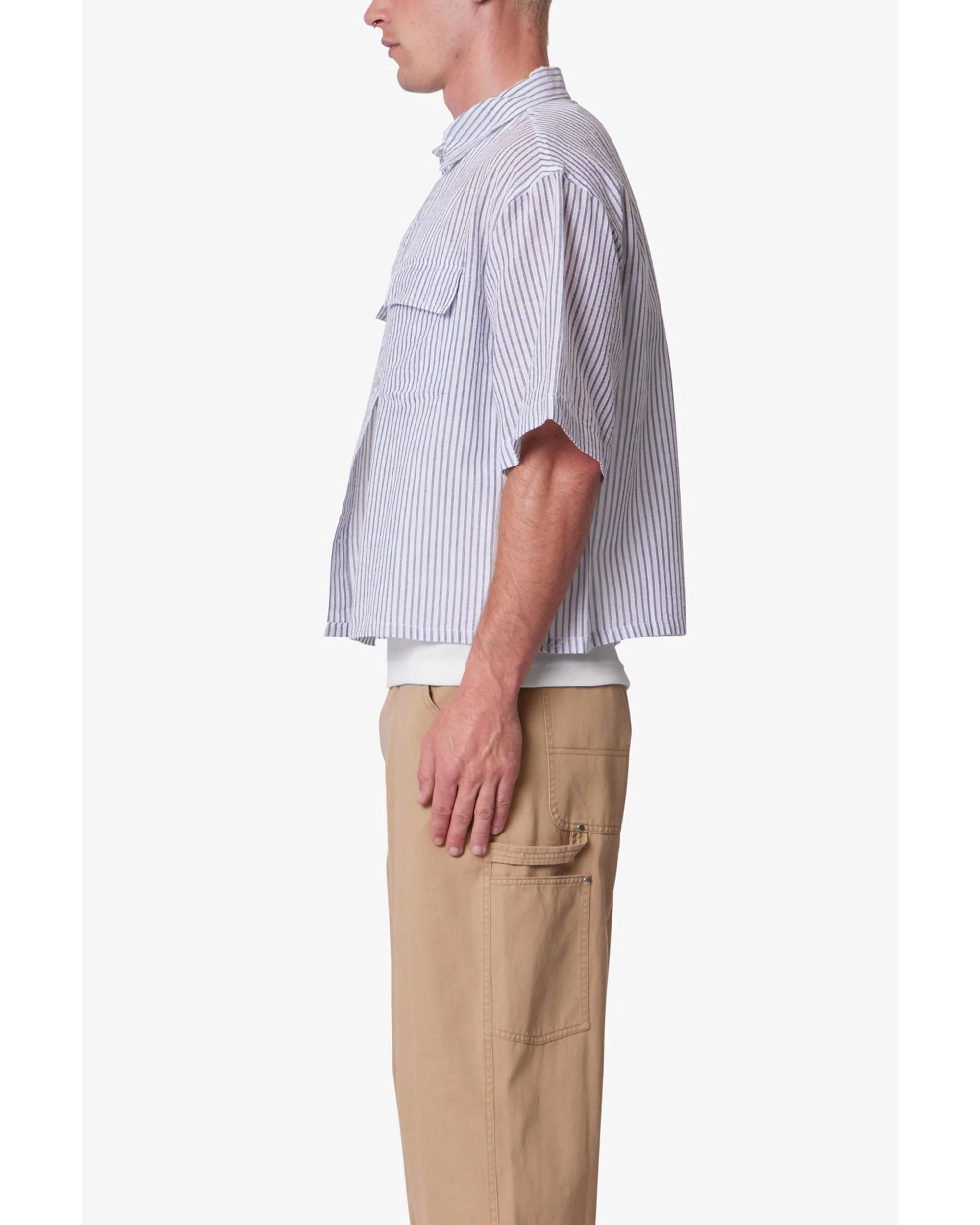 Cropped Boxy Striped S/S Shirt - Blue - Image 6