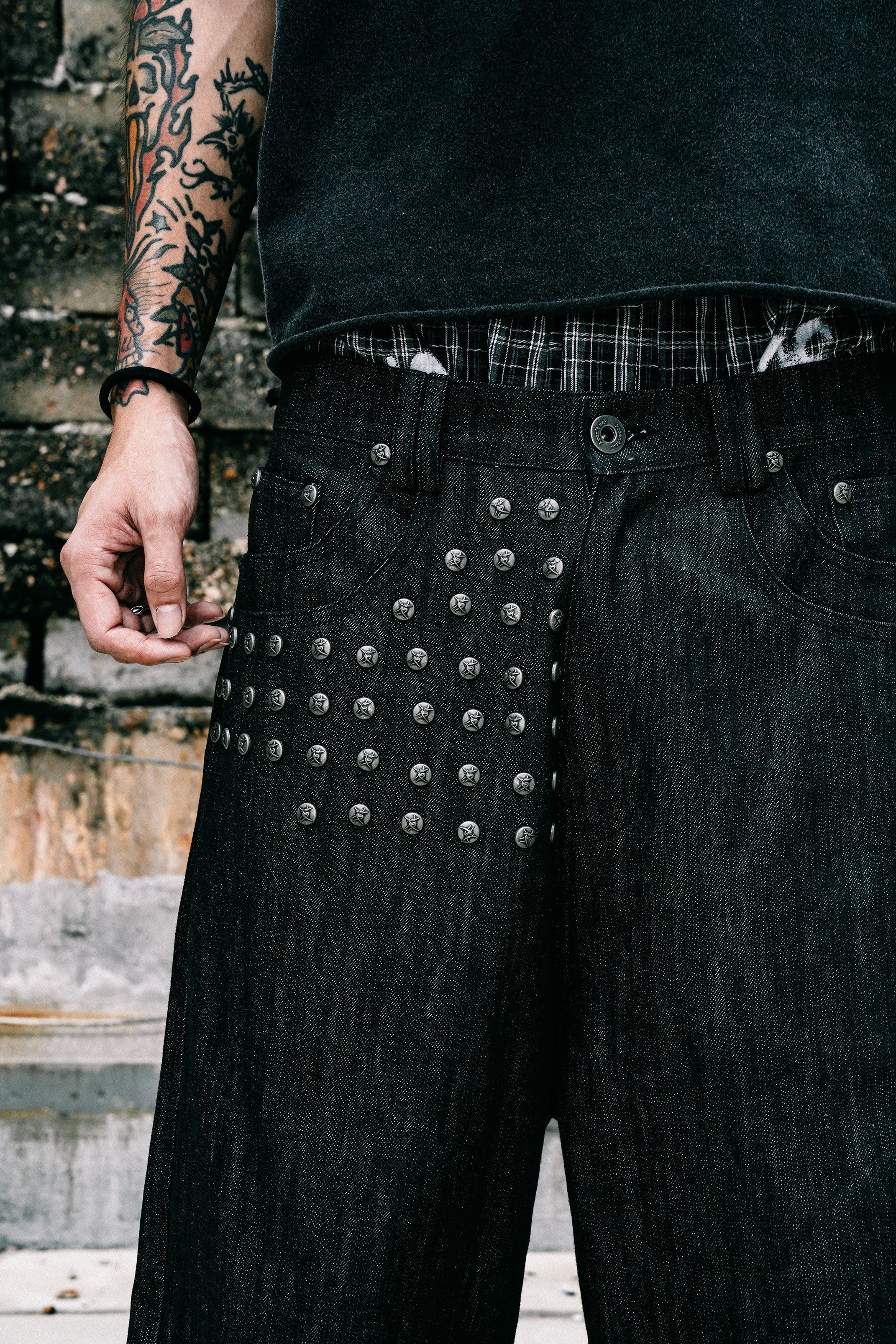 Devlin Studded Waxed Japanese Raw Denims in Black - Image 9