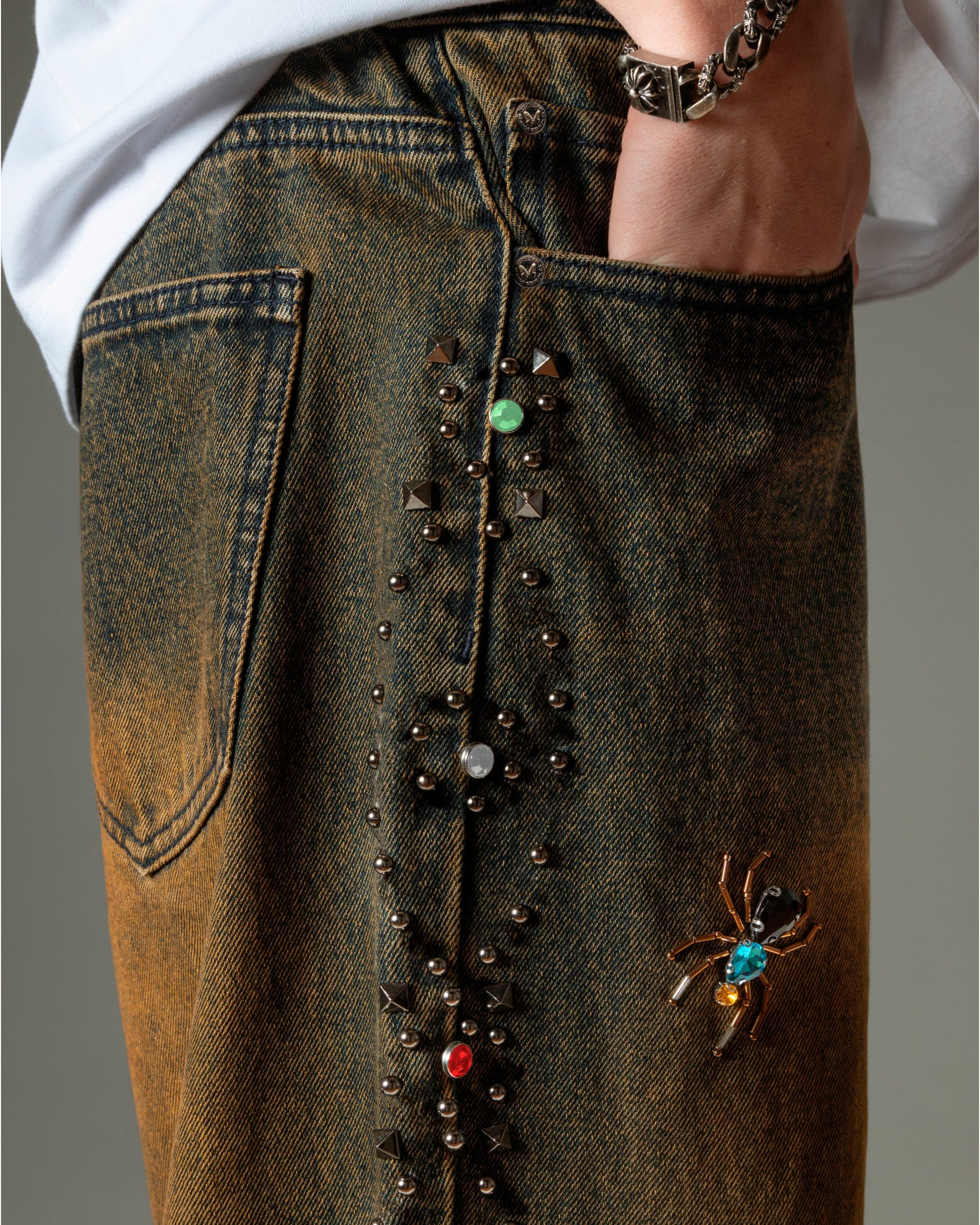 DISTRESSED RHINESTONE JEANS- RUST - Image 2