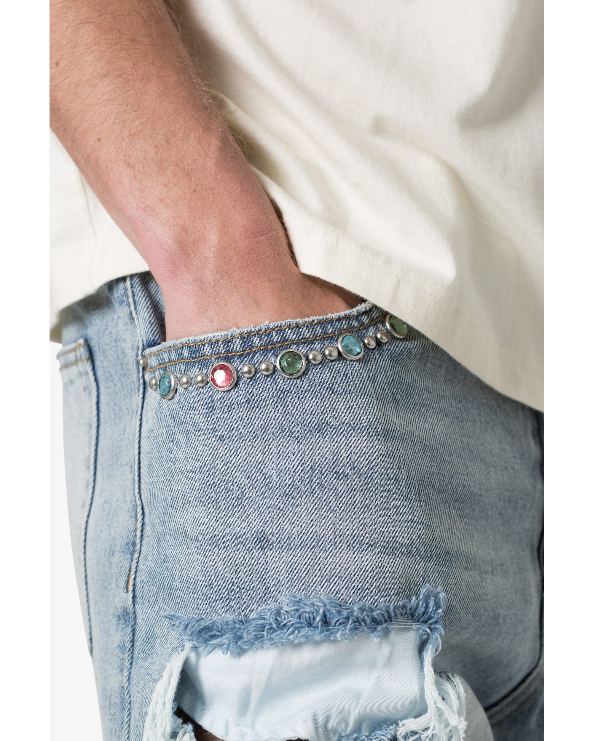 Distressed Spider Denim Shorts - Light Blue - Image 4