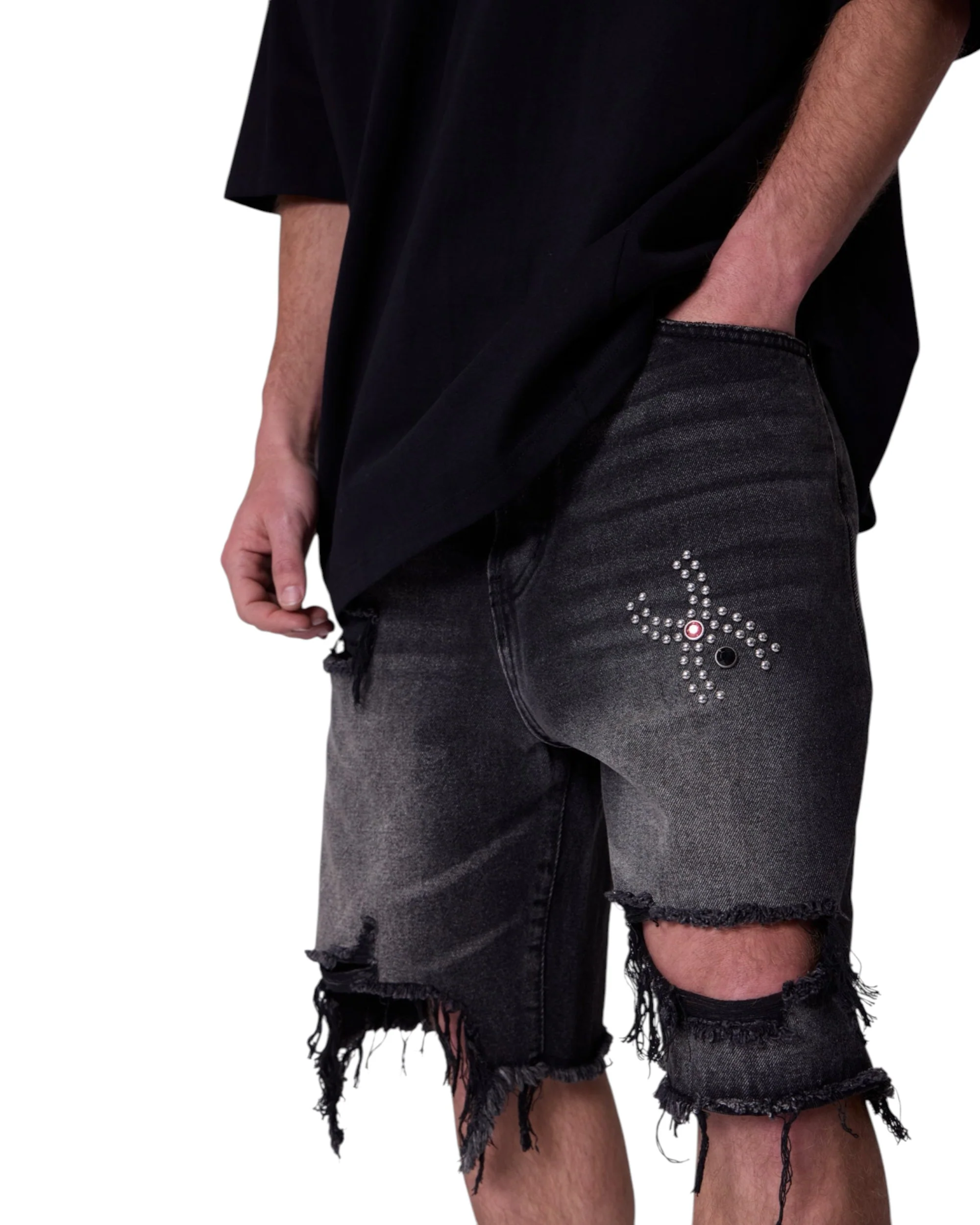 Distressed Spider Denim Shorts - Washed Black - Image 6