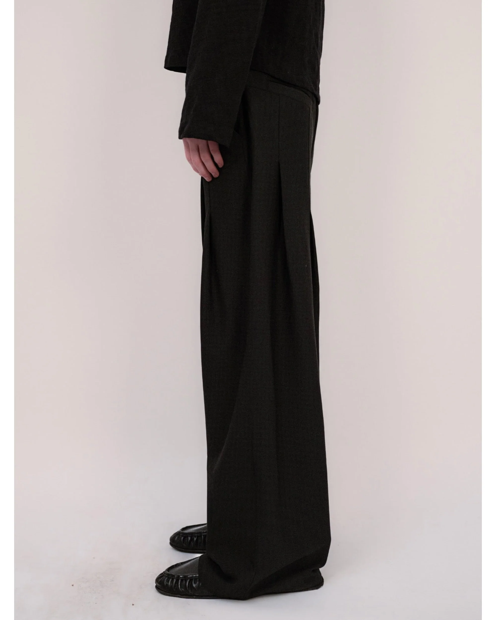 Double Pleated Wide Leg Trousers - Black - Image 5
