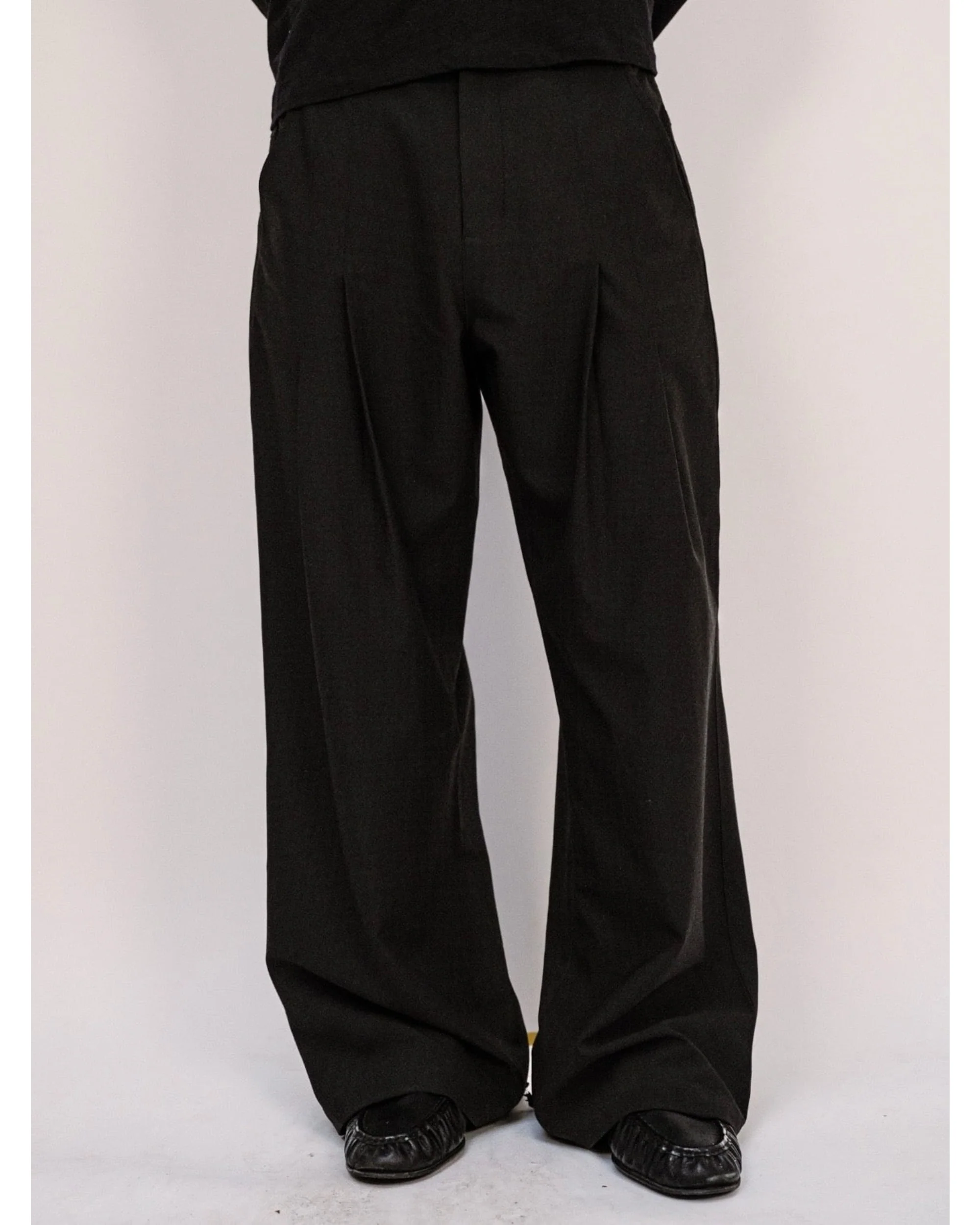 Double Pleated Wide Leg Trousers - Black - Image 6