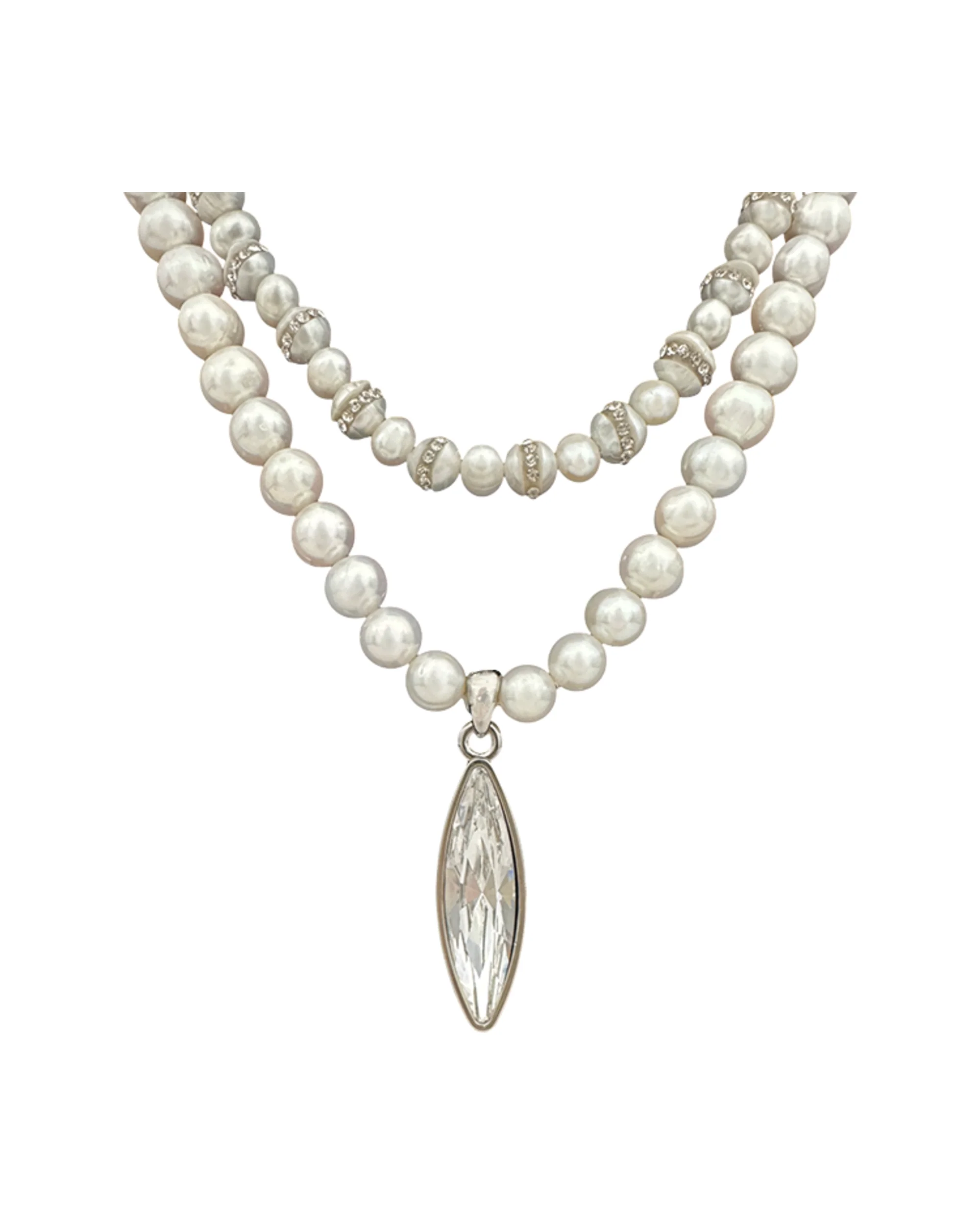 Feather 2 Layers Necklace - Pearl /  Silver