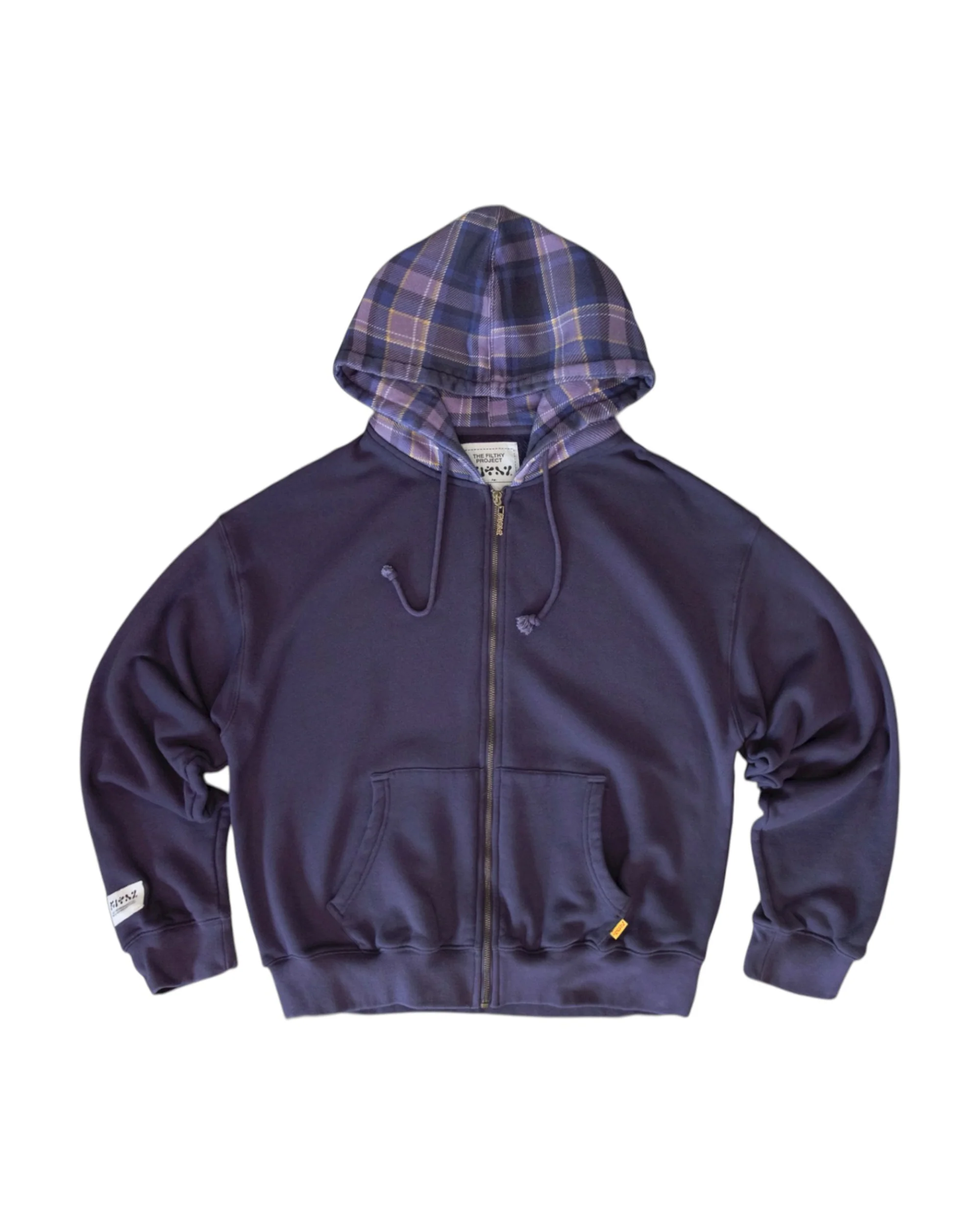 filthy french terry plaid hooded zip-up (plum)