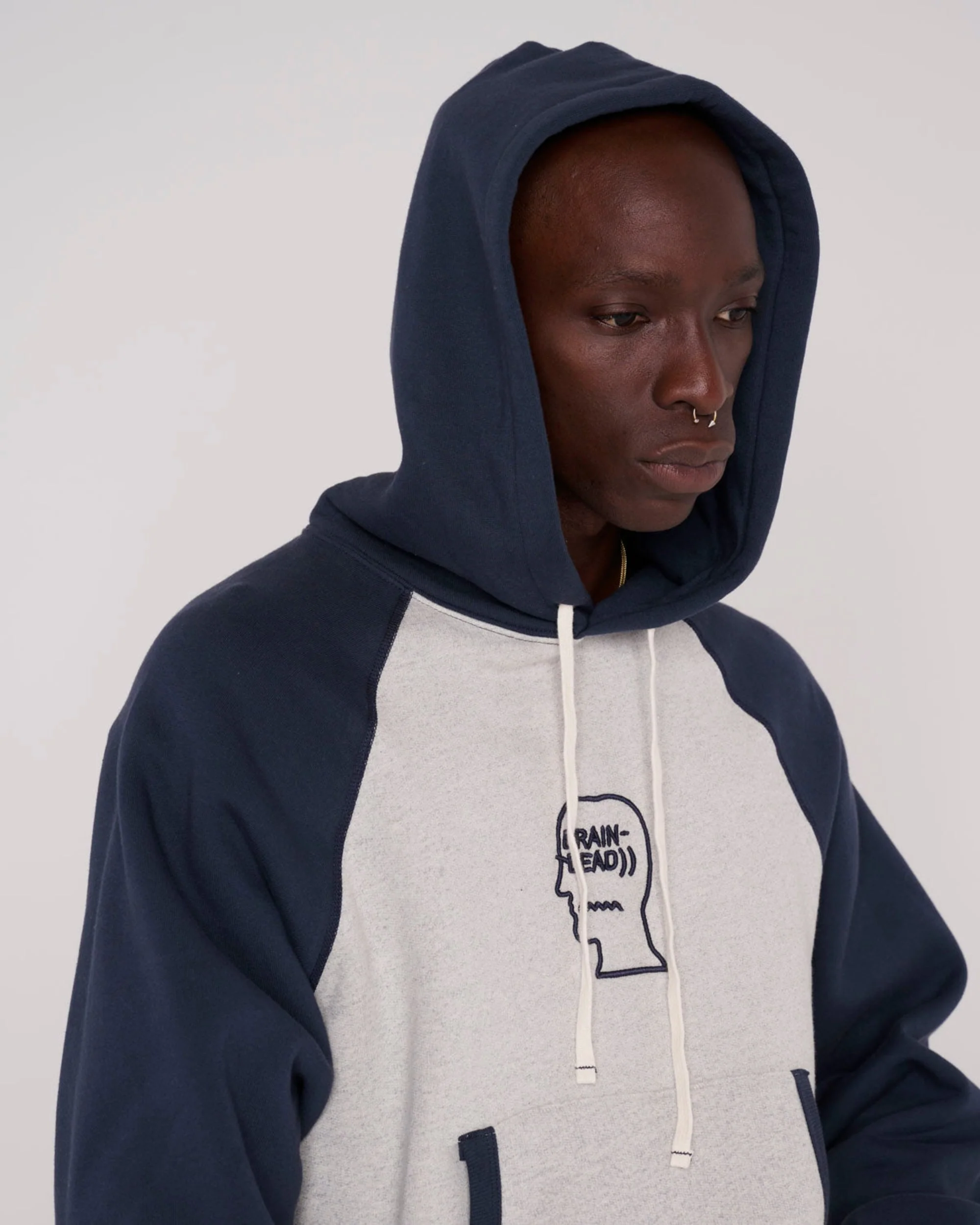 Fleece Logo Head Raglan Hoodie - Oatmeal/Navy - Image 6