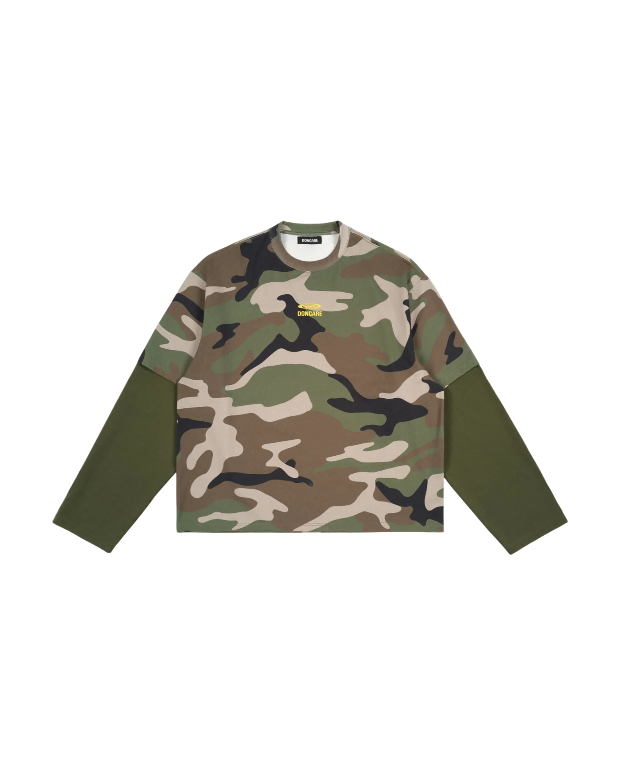GREEN CAMO FAUX LAYERED LONG SLEEVE T-SHIRT