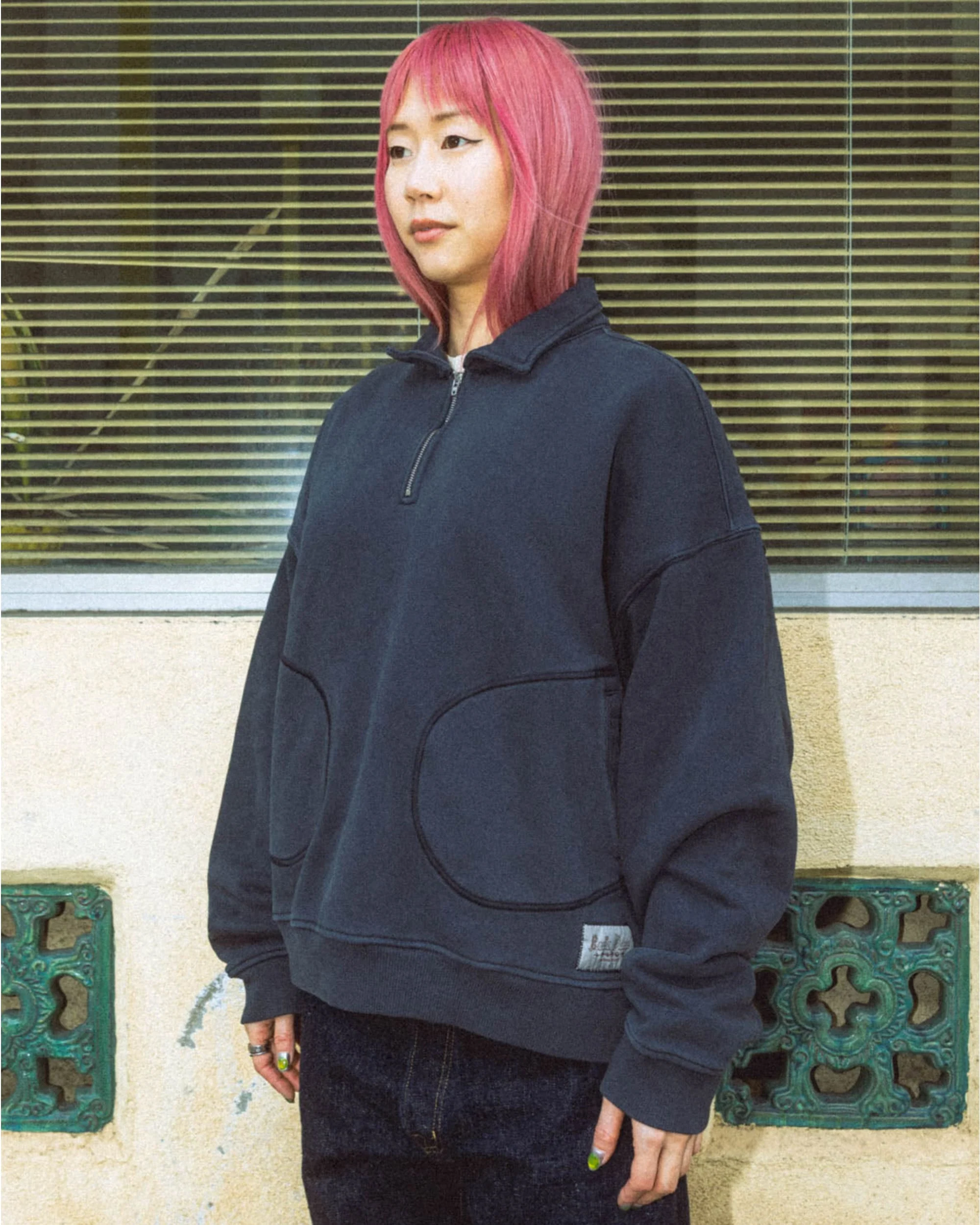 Half Zip Collared Sweatshirt - Washed Black - Image 5