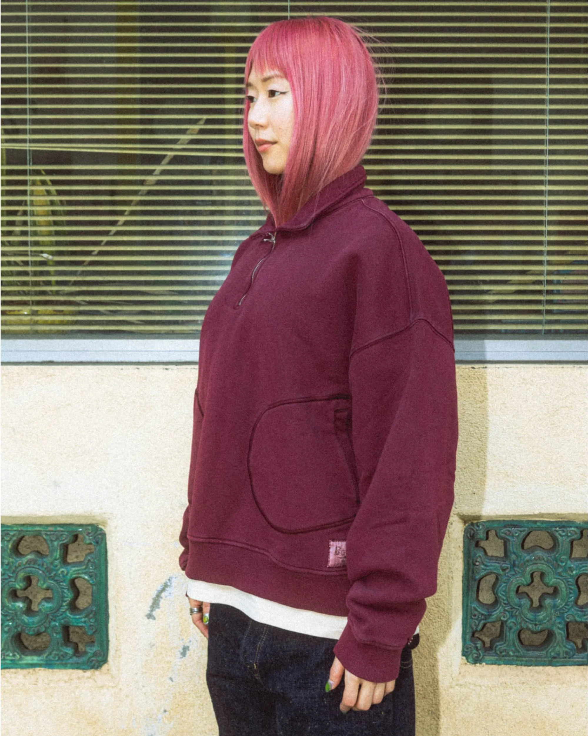 Half Zip Collared Sweatshirt - Wine - Image 6