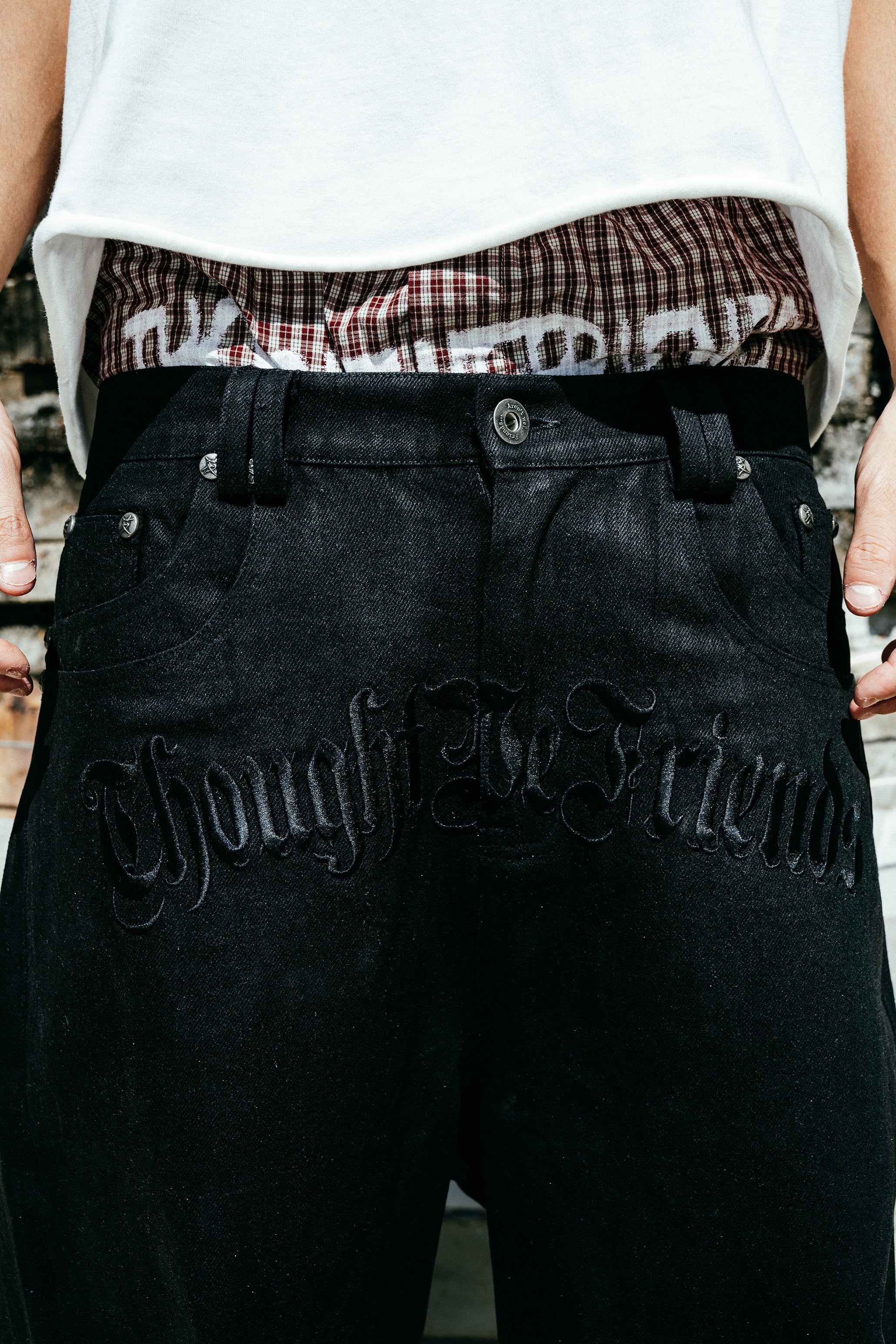 Lucius Embroidered Waxed Baggy Denims in Black - Image 11