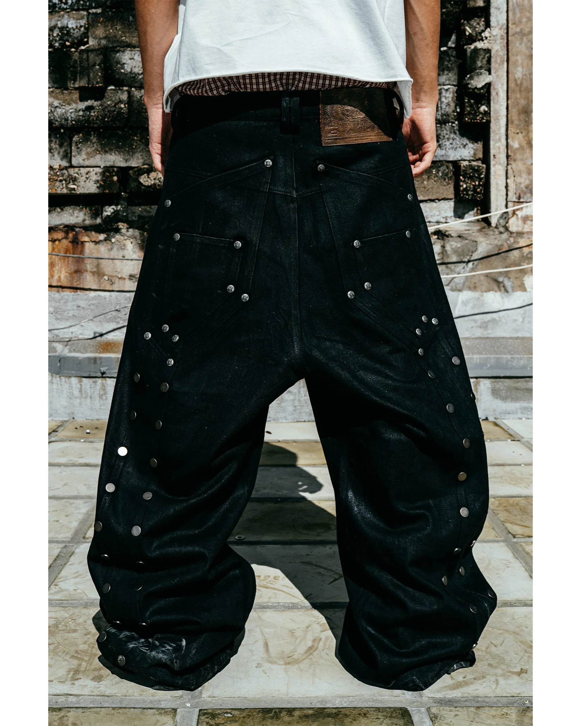 Lucius Embroidered Waxed Baggy Denims in Black - Image 7