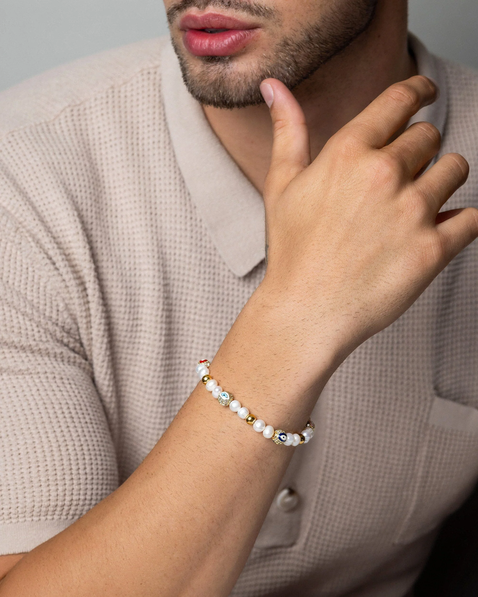 Men's Evil Eye Pearl Bracelet - Image 2
