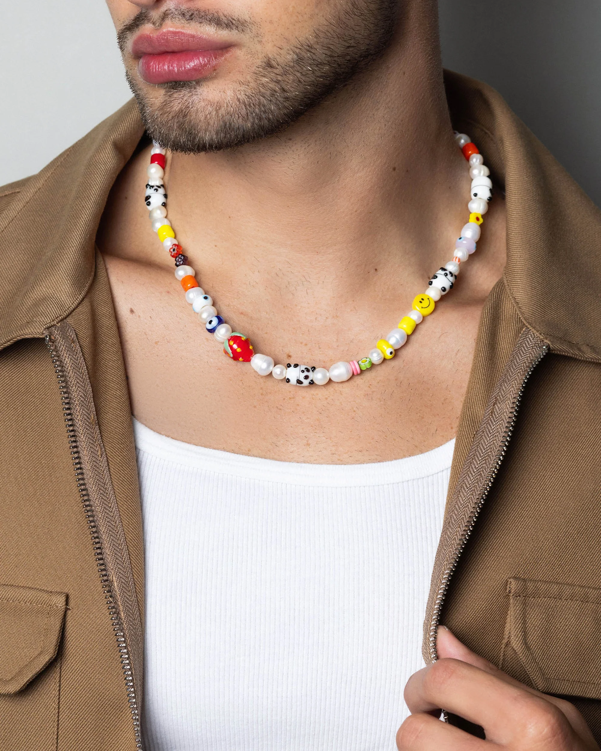Men's Panda Pearl Necklace with Assorted Beads - Image 2