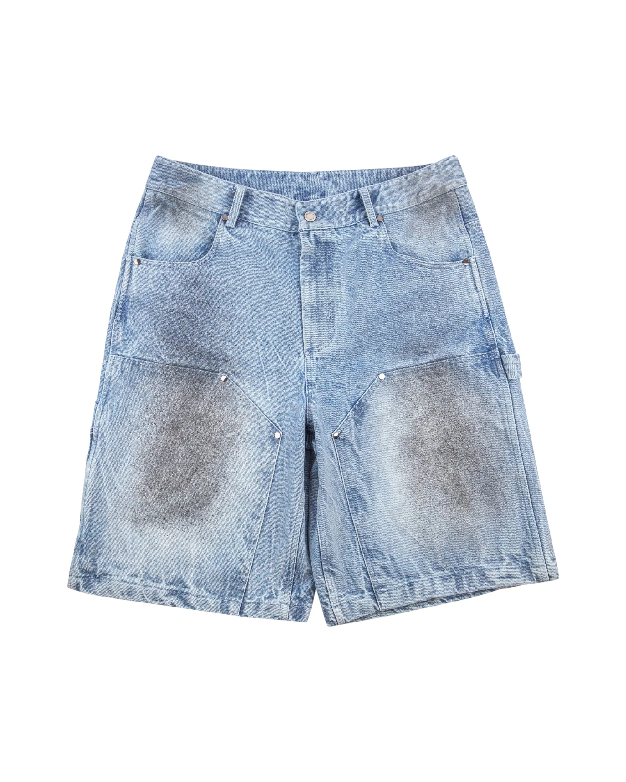 OTA Light Wash Damaged Denim Double Knee Shorts