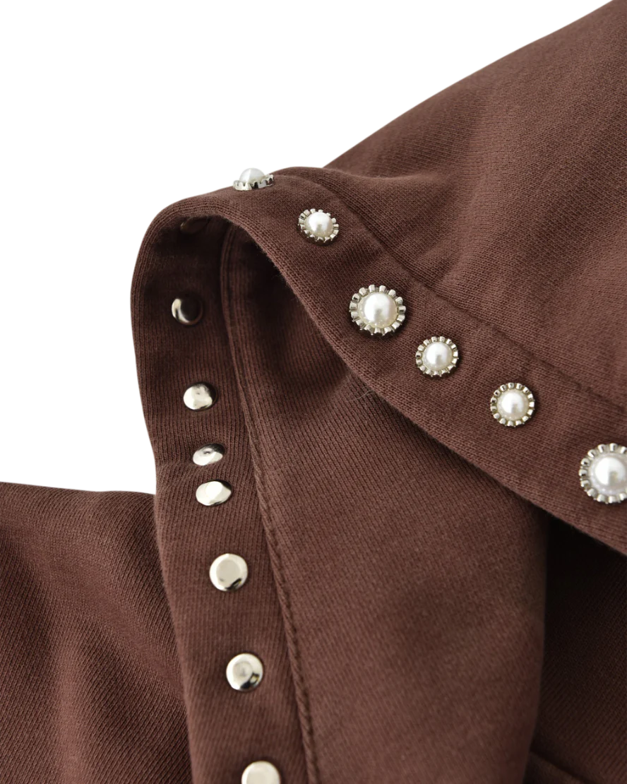 PEARL STUDDED BOXY ZIP HOODIE BROWN - Image 4