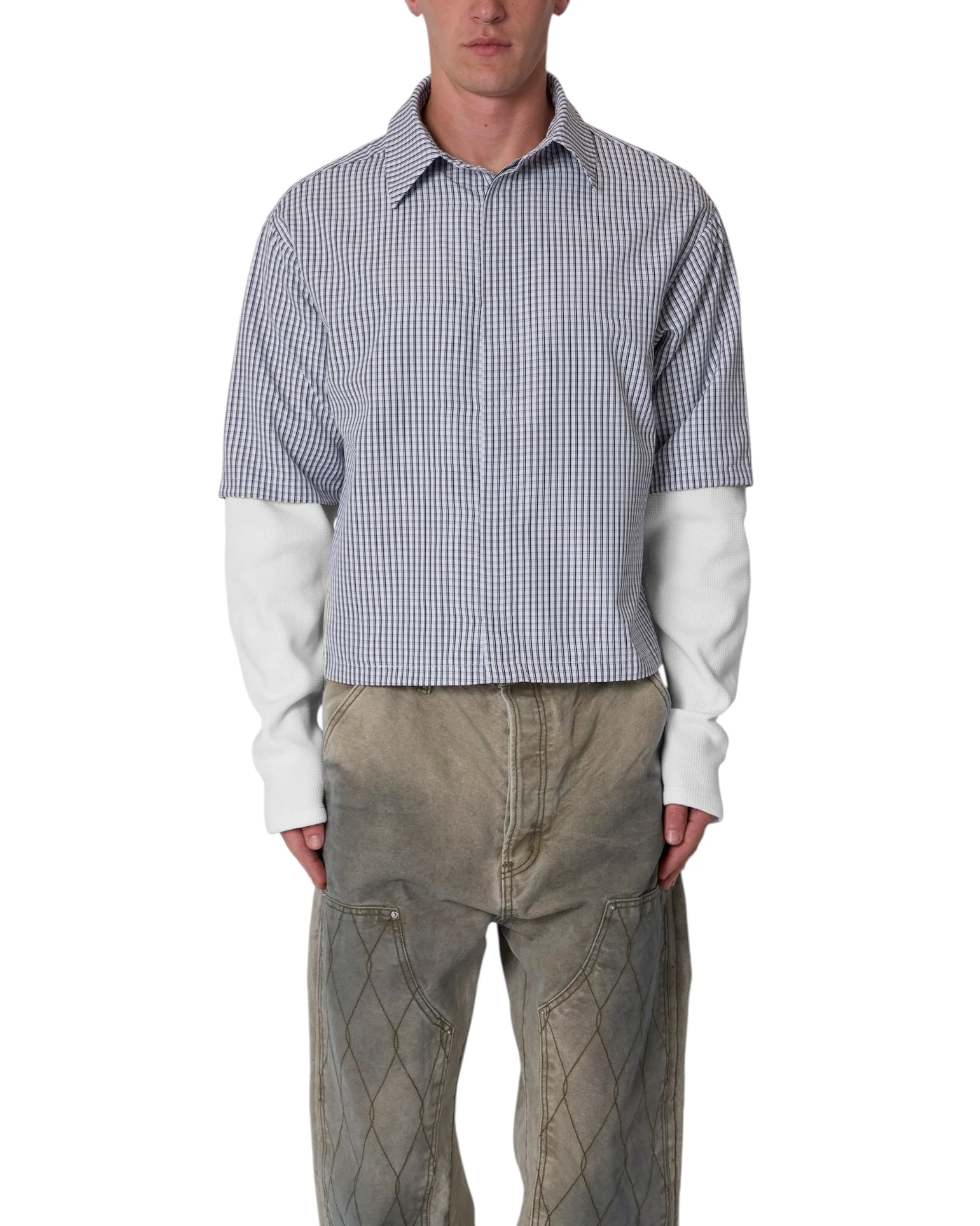 Poplin Thermal Cropped Shirt - Black/White