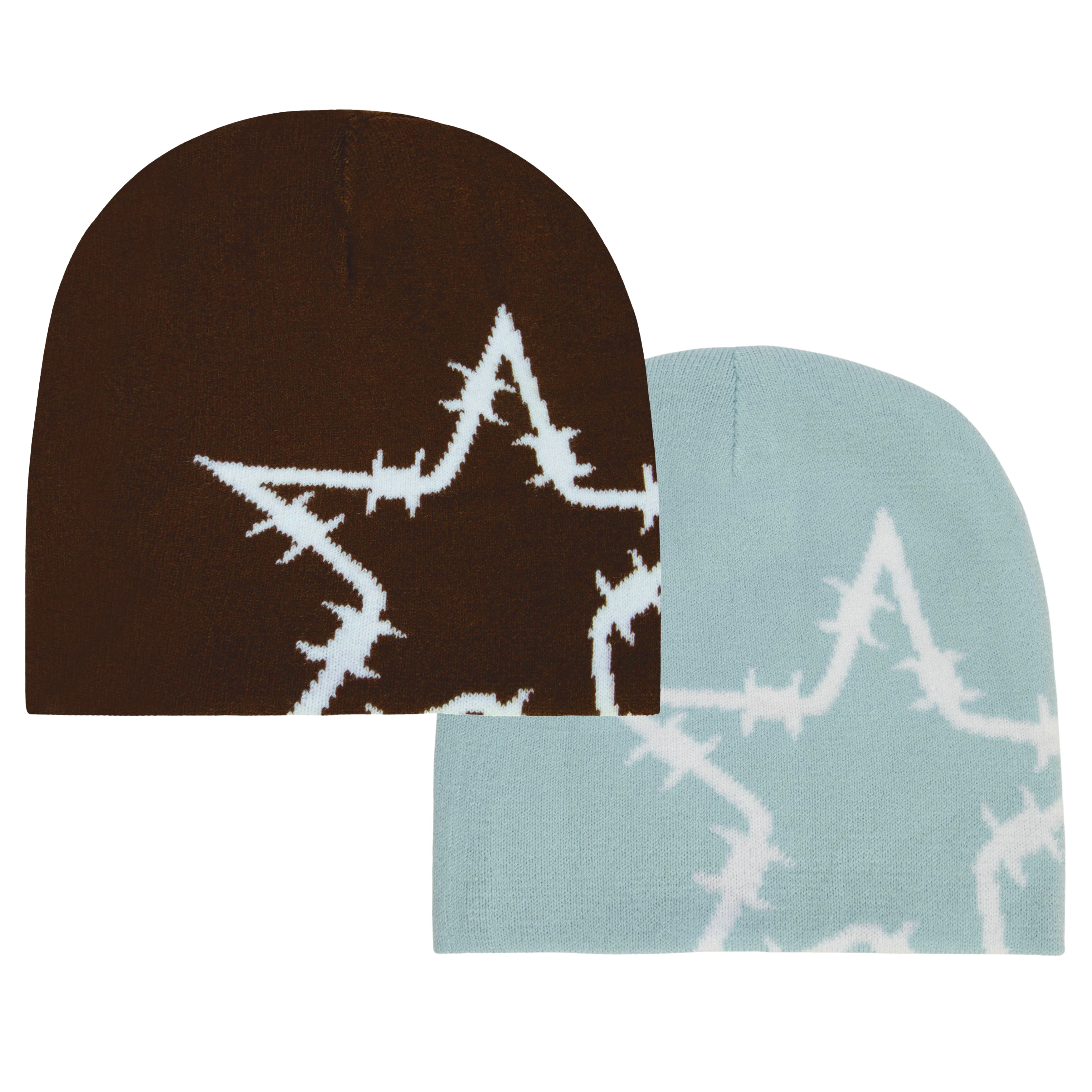 REVERSIBLE JACQUARD KNIT BEANIE - BLUE/BROWN