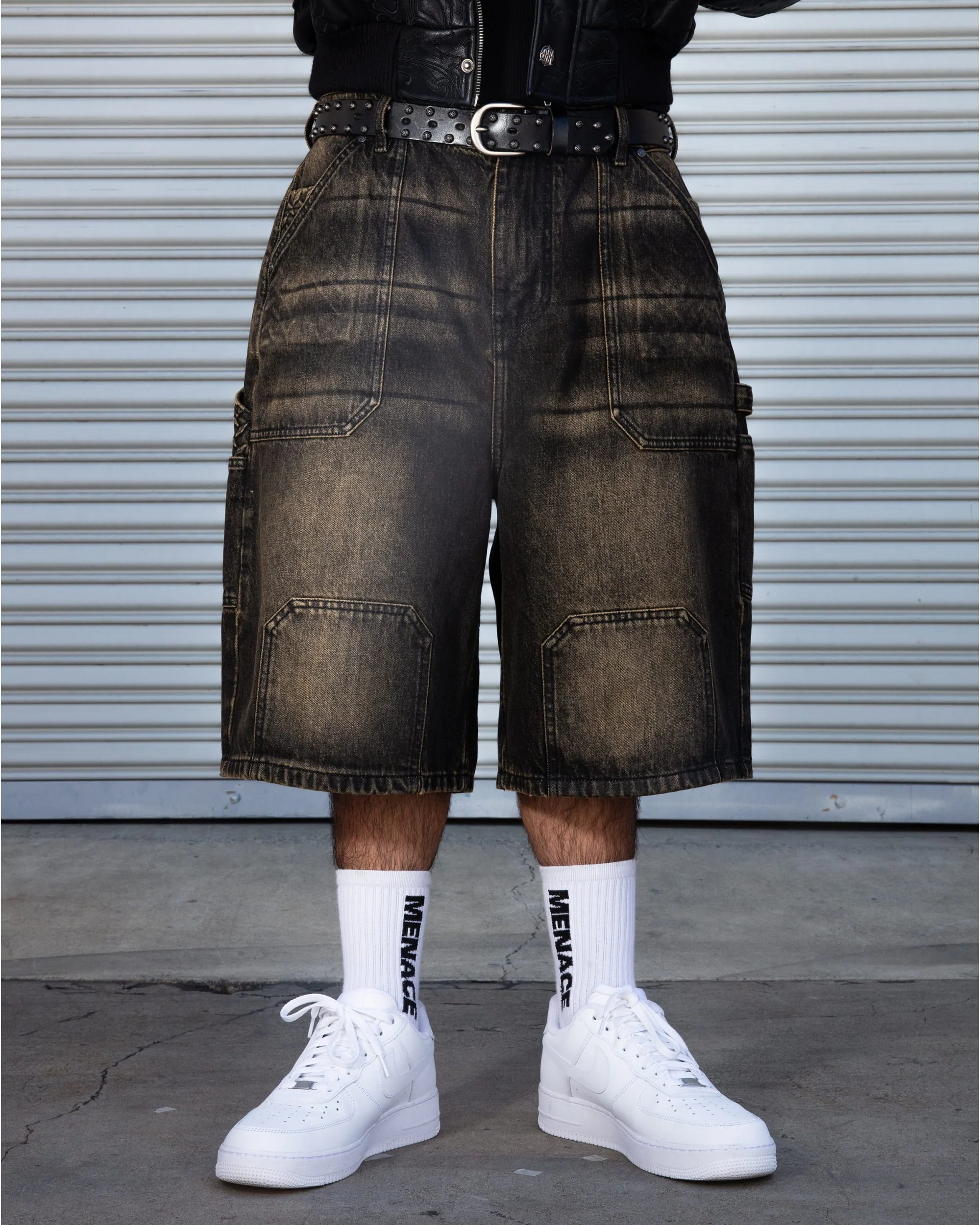 STEEL EMBOSSED DENIM CARPENTER SHORTS - Image 5
