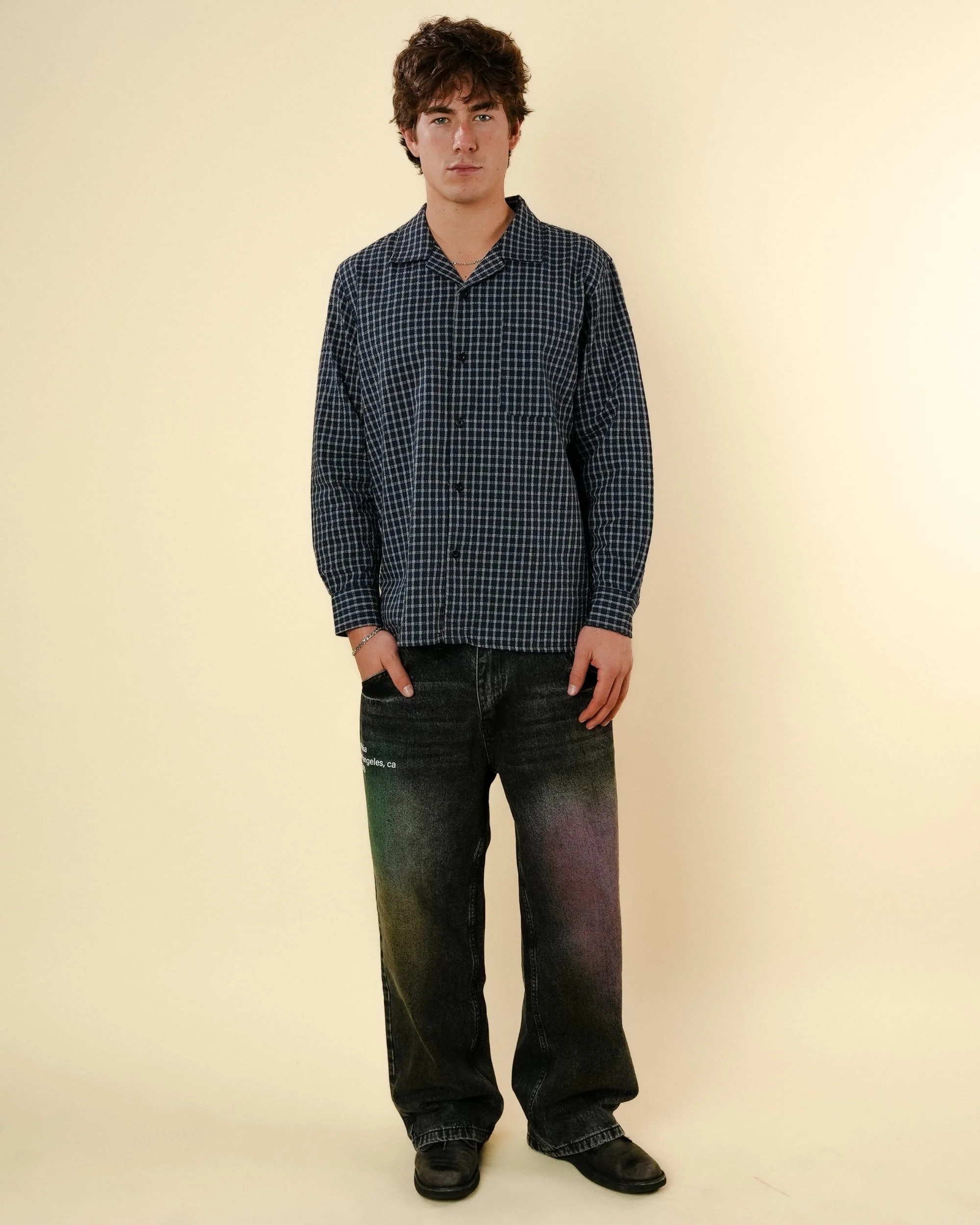 TEXTURED FLANNEL BUTTON-UP -  NAVY - Image 3
