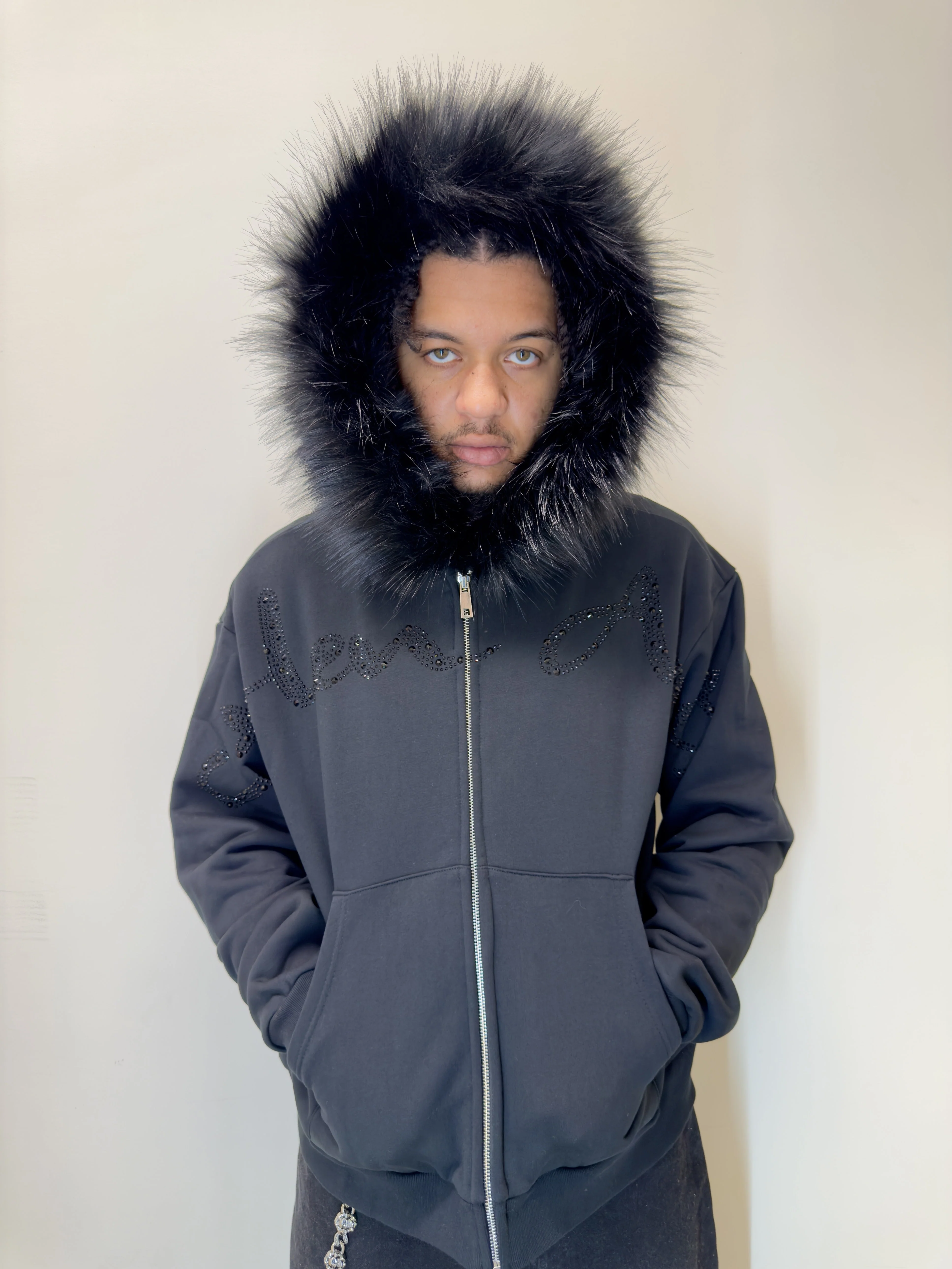 Triple Black Fur Rhinestone Hoodie - Image 2