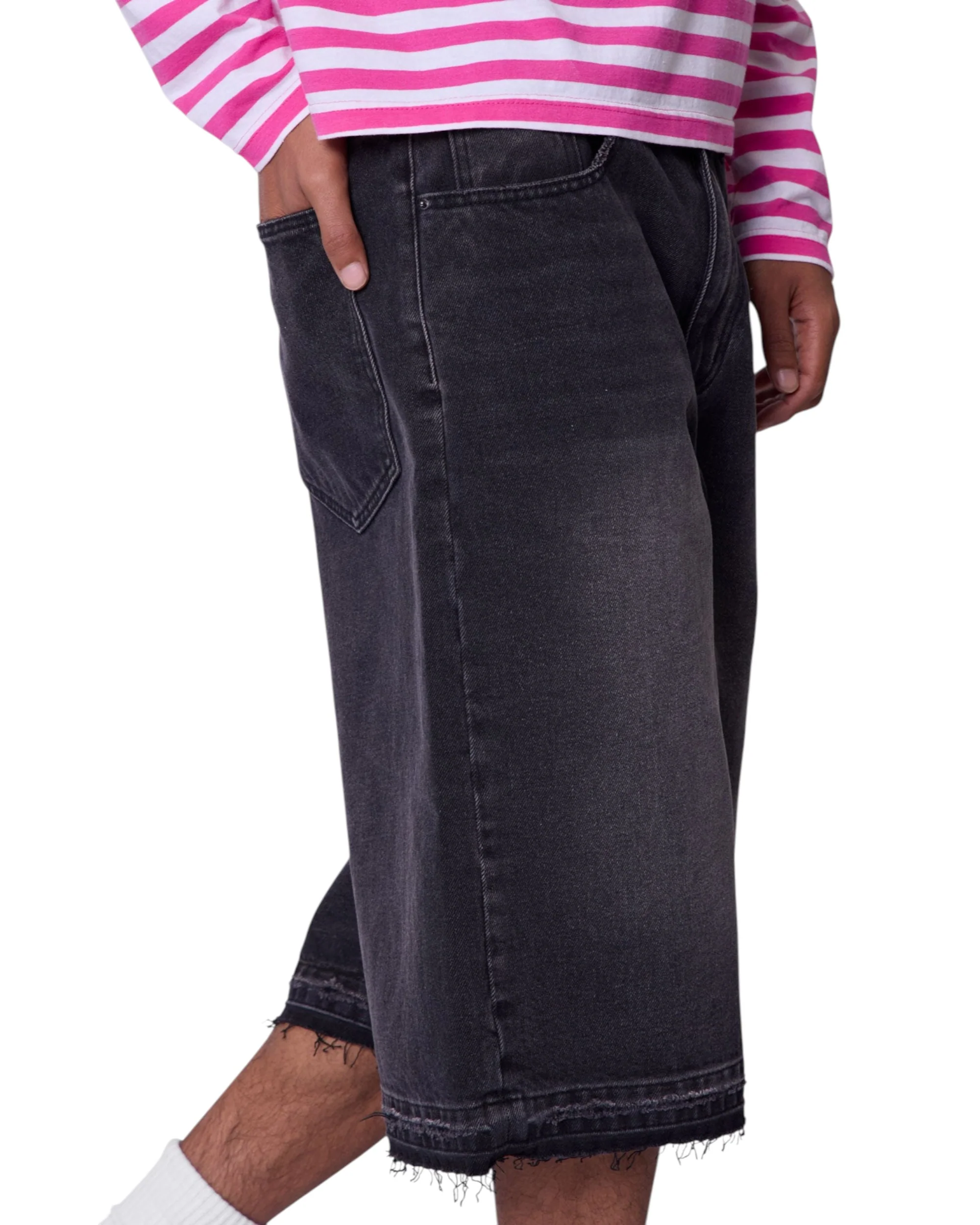 Ultra Baggy Raw Hem Denim Shorts - Washed Black - Image 8