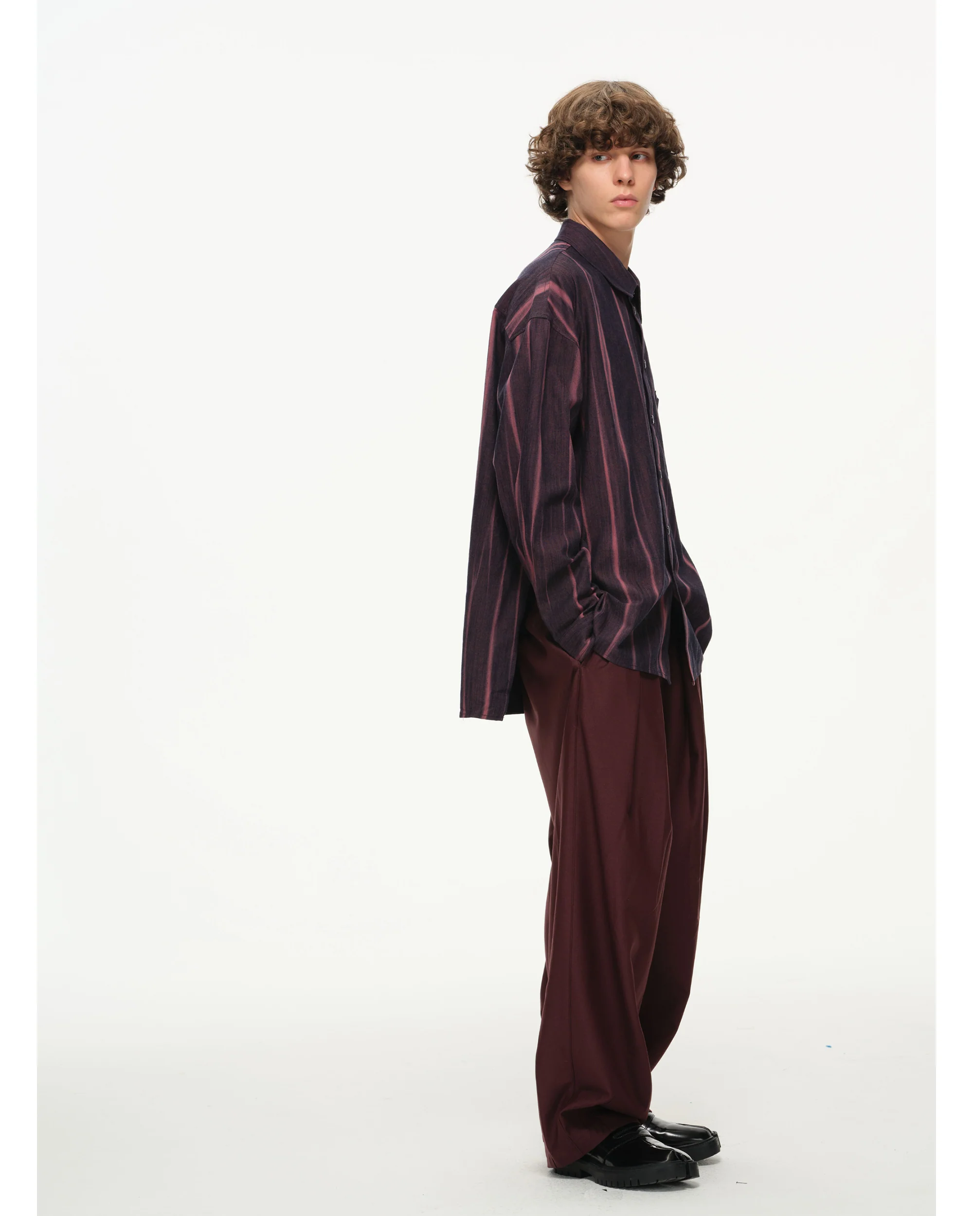 Vertical Stripe Button Up – Deep Burgundy & Rose, Relaxed Fit - Image 4