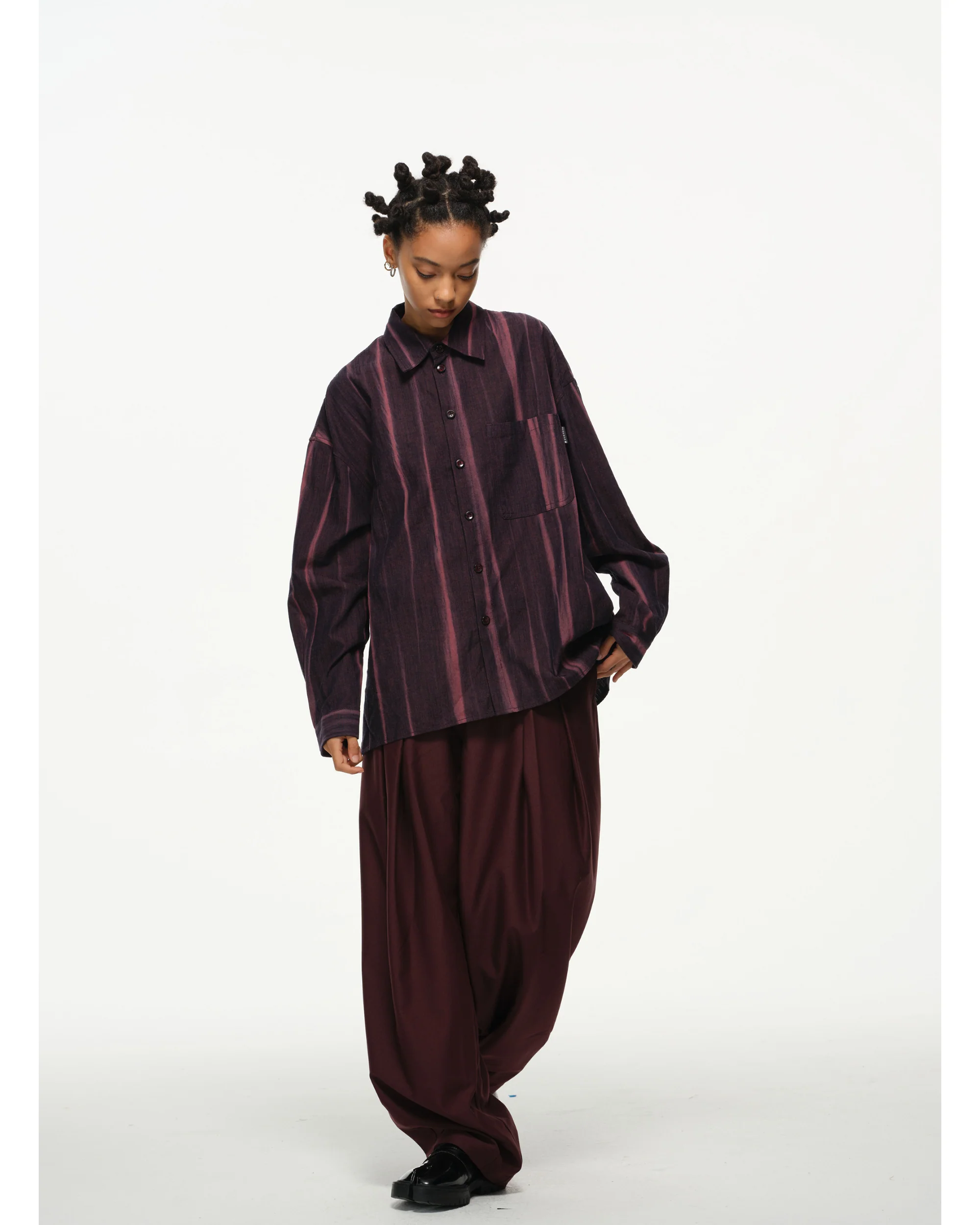 Vertical Stripe Button Up – Deep Burgundy & Rose, Relaxed Fit - Image 7