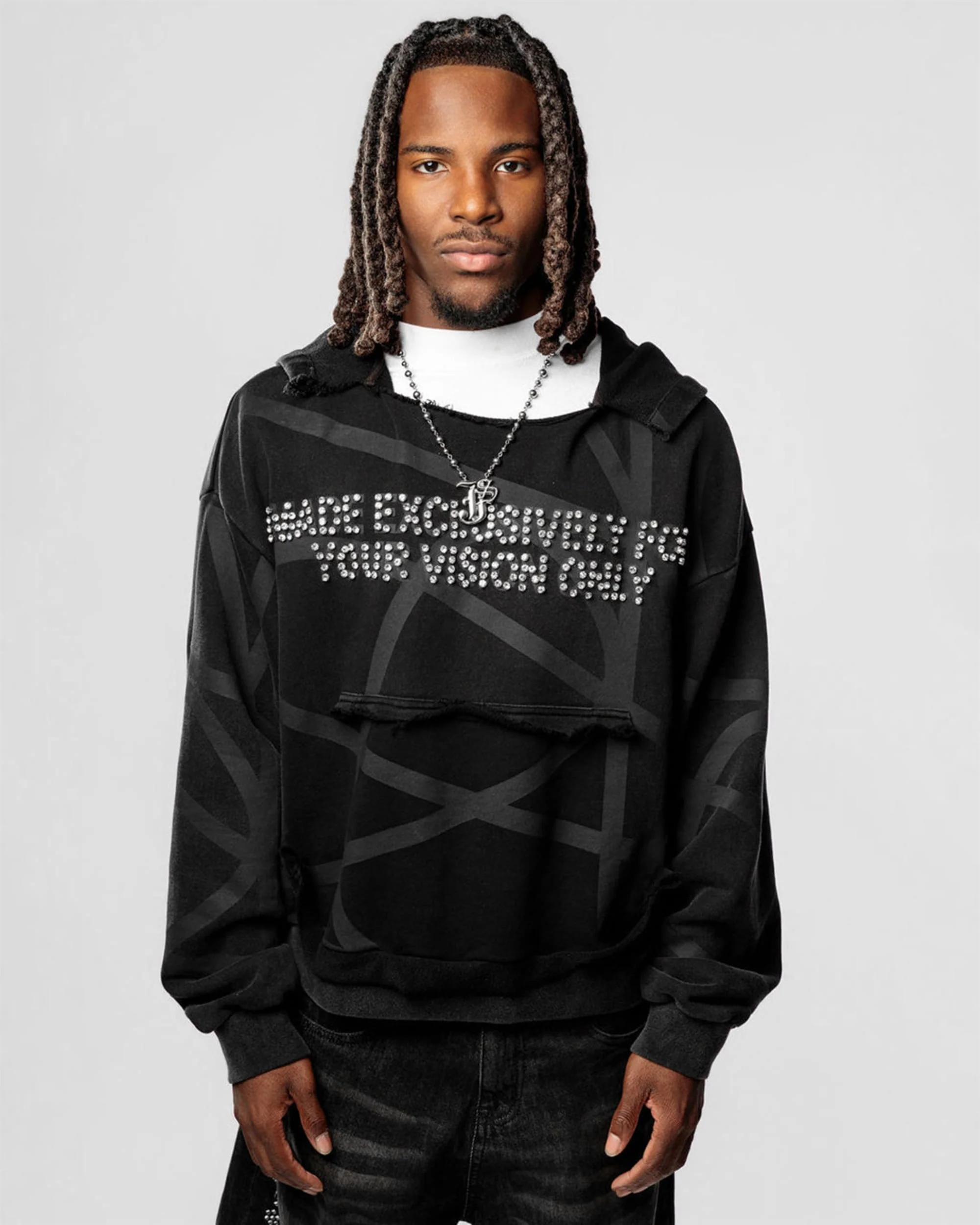VISIONARY "TWISTED CHAOS" DISTRESSED HOODIE (TRIPLE BLACK) - Image 2