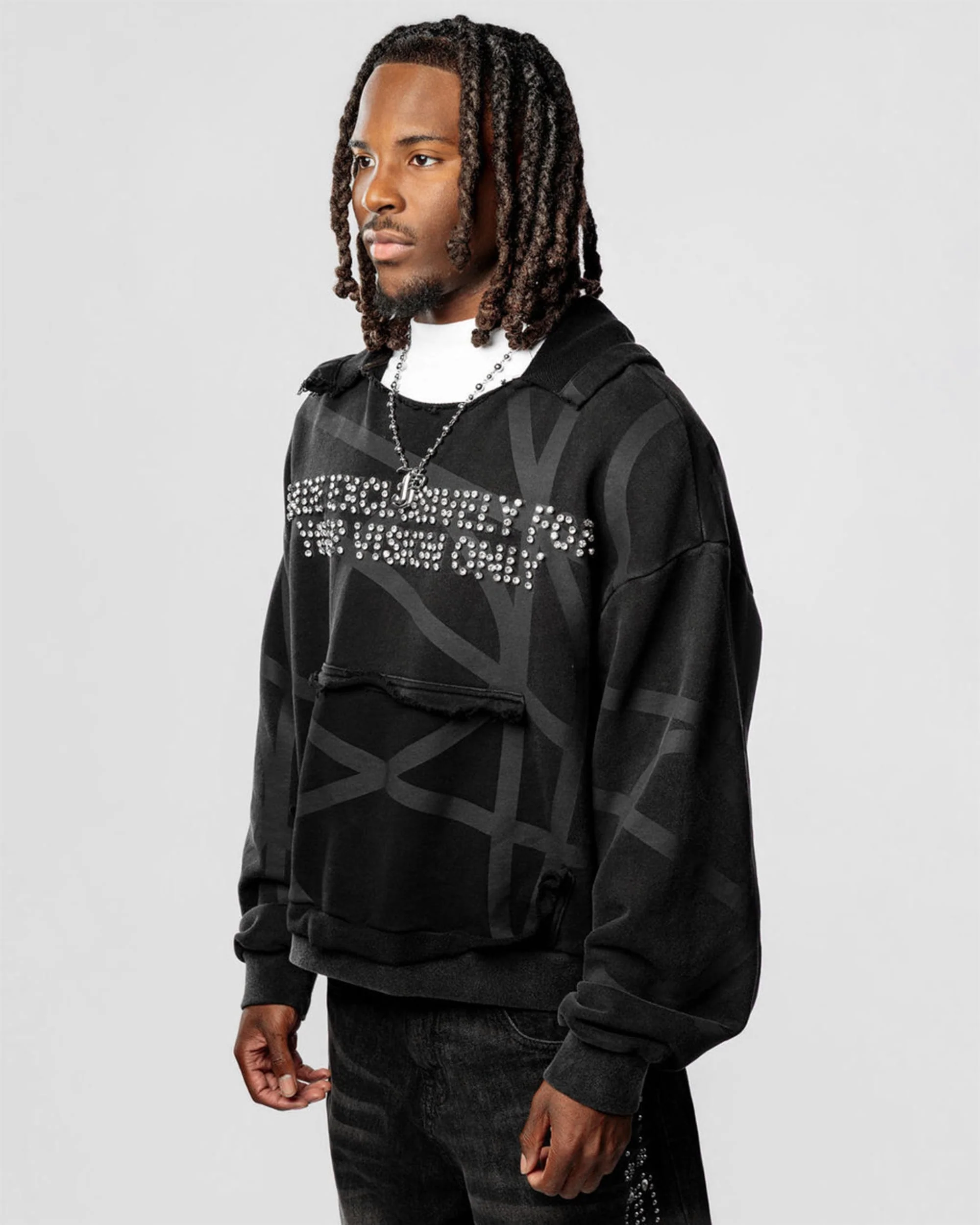 VISIONARY "TWISTED CHAOS" DISTRESSED HOODIE (TRIPLE BLACK) - Image 4