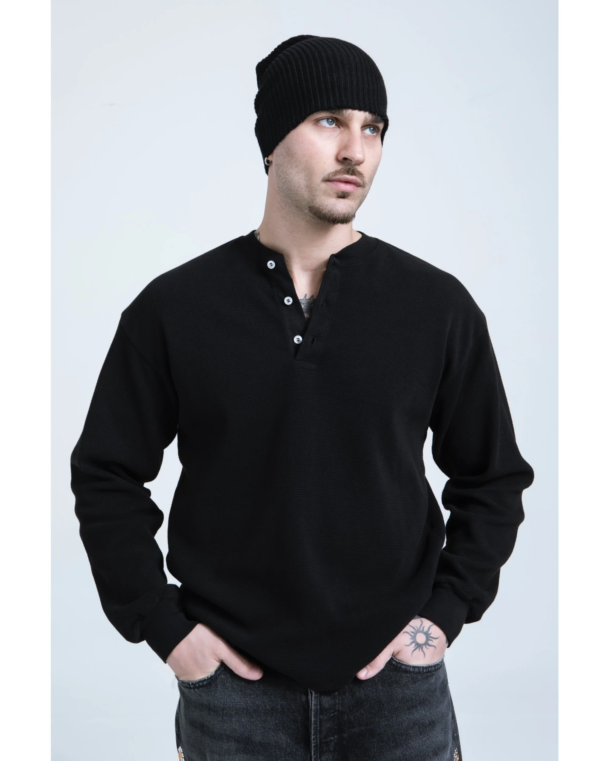Waffle Henley Long Sleeve - Black - Image 3