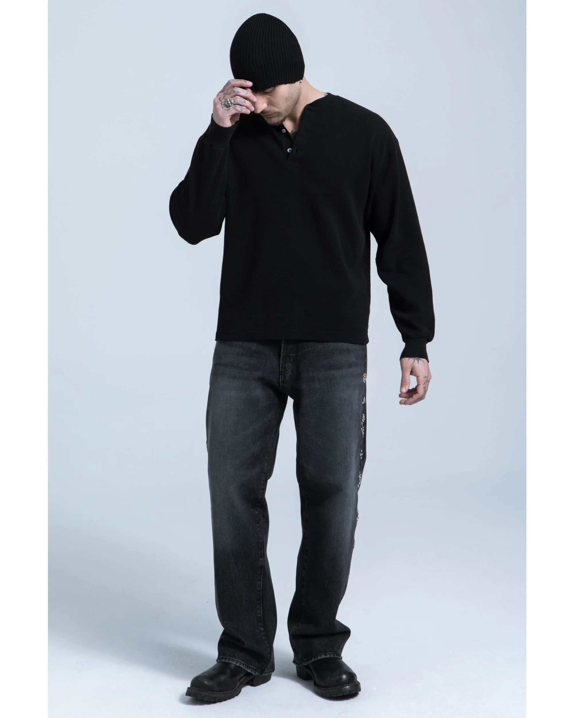 Waffle Henley Long Sleeve - Black - Image 4