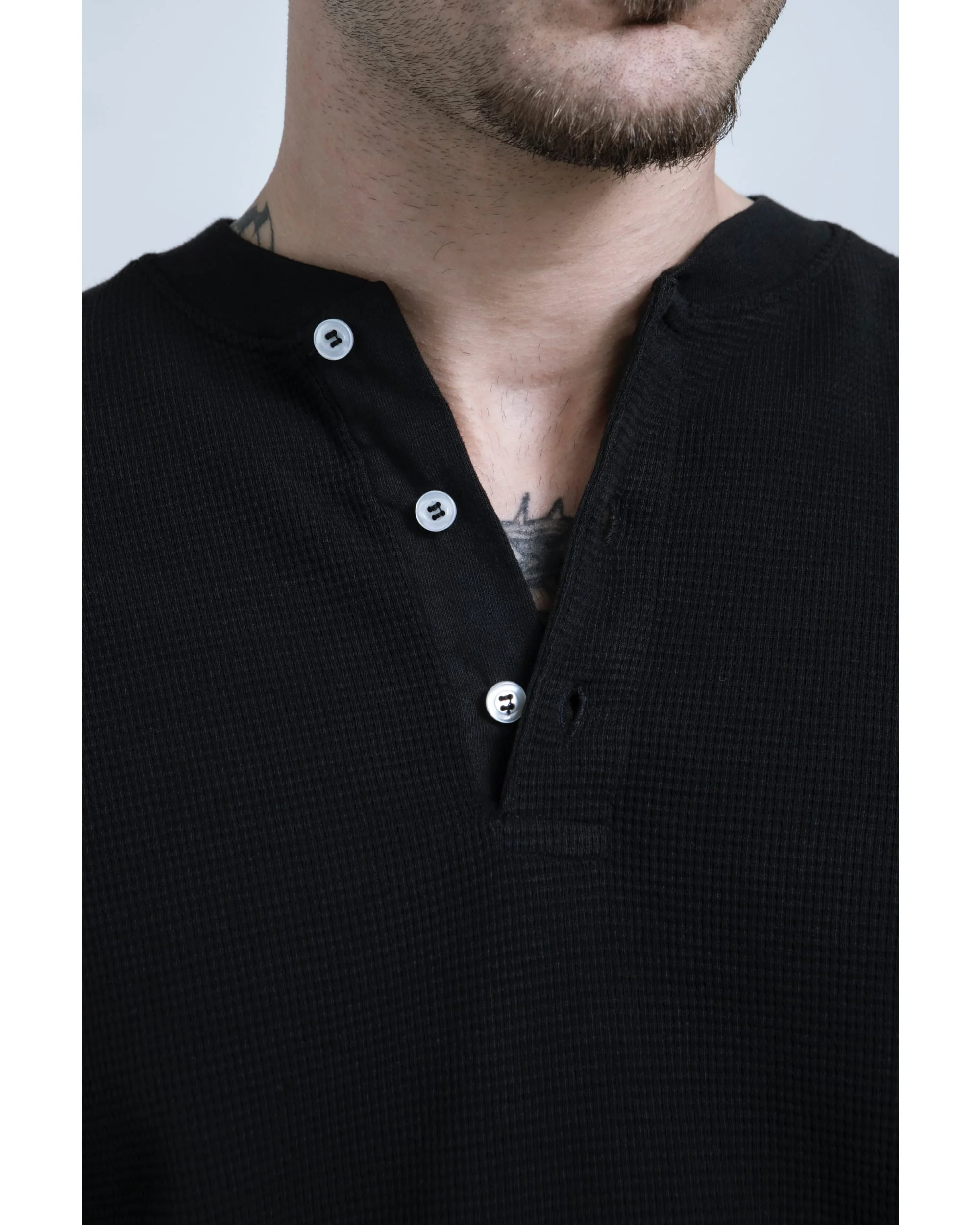 Waffle Henley Long Sleeve - Black - Image 5