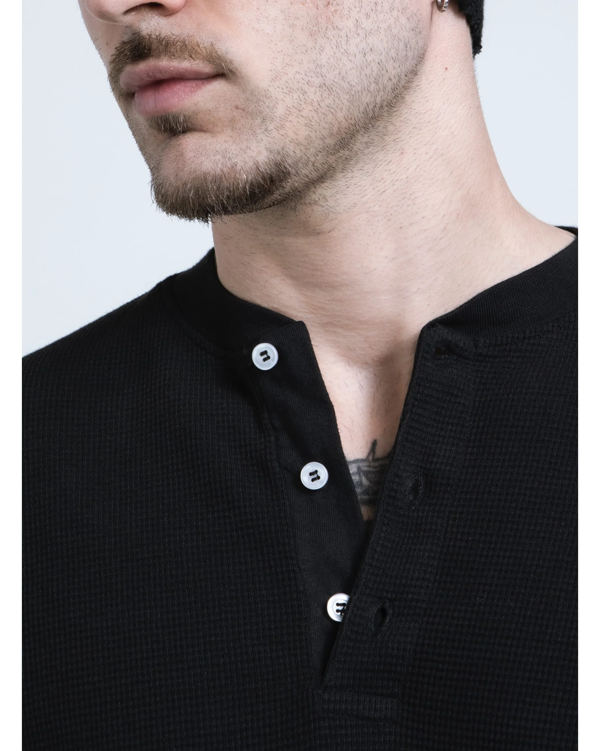 Waffle Henley Long Sleeve - Black - Image 6