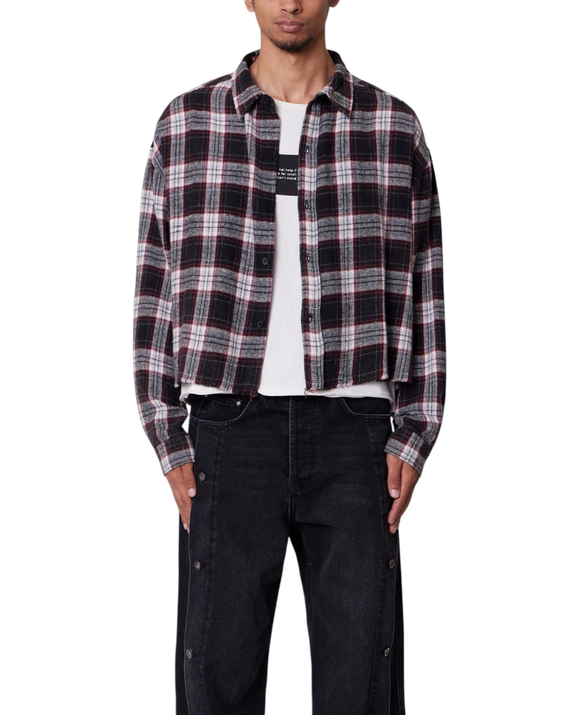 Washed Cropped Flannel Shirt - Black/White - Image 2