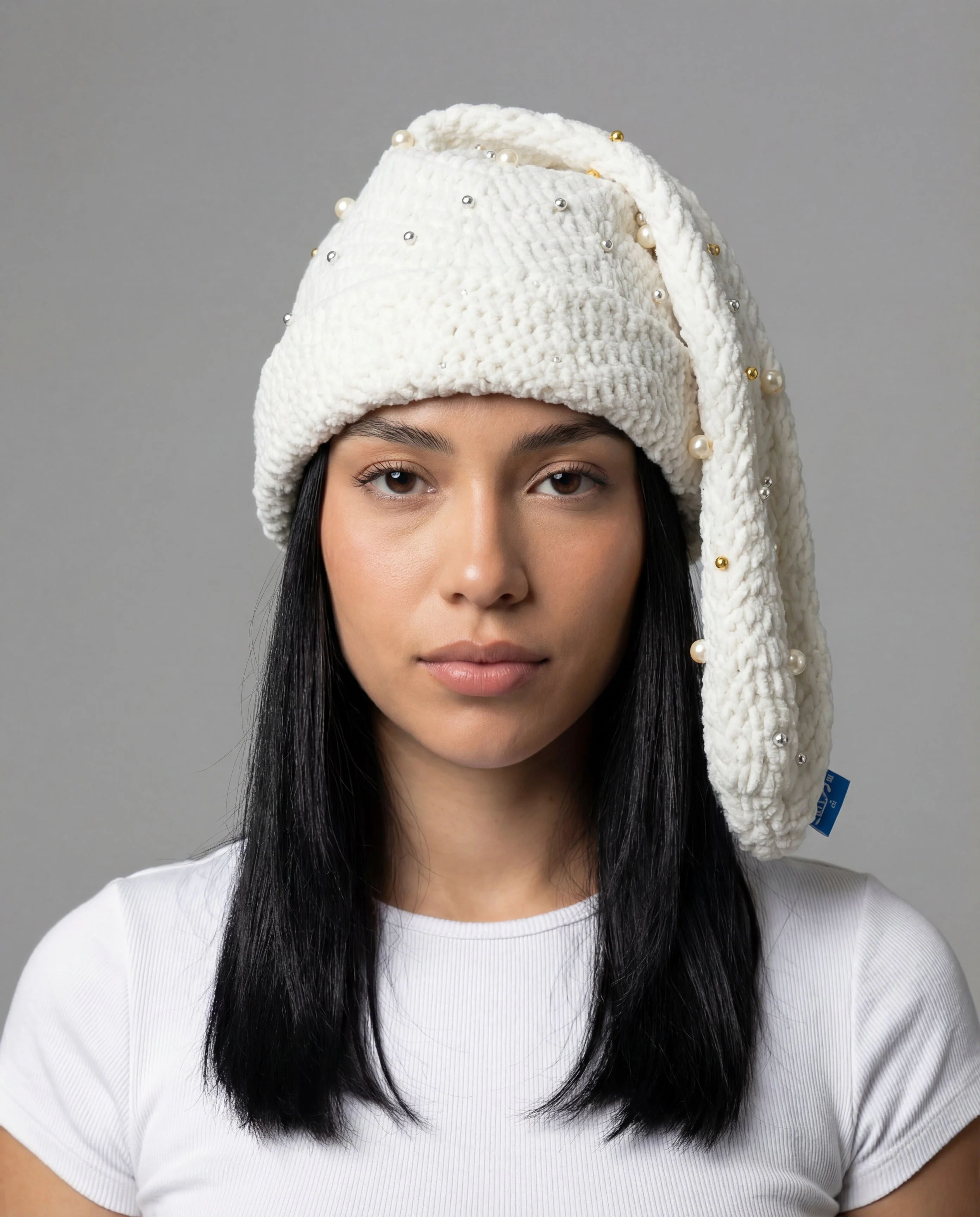 White Pearl Crochet Sock Hat - Image 3