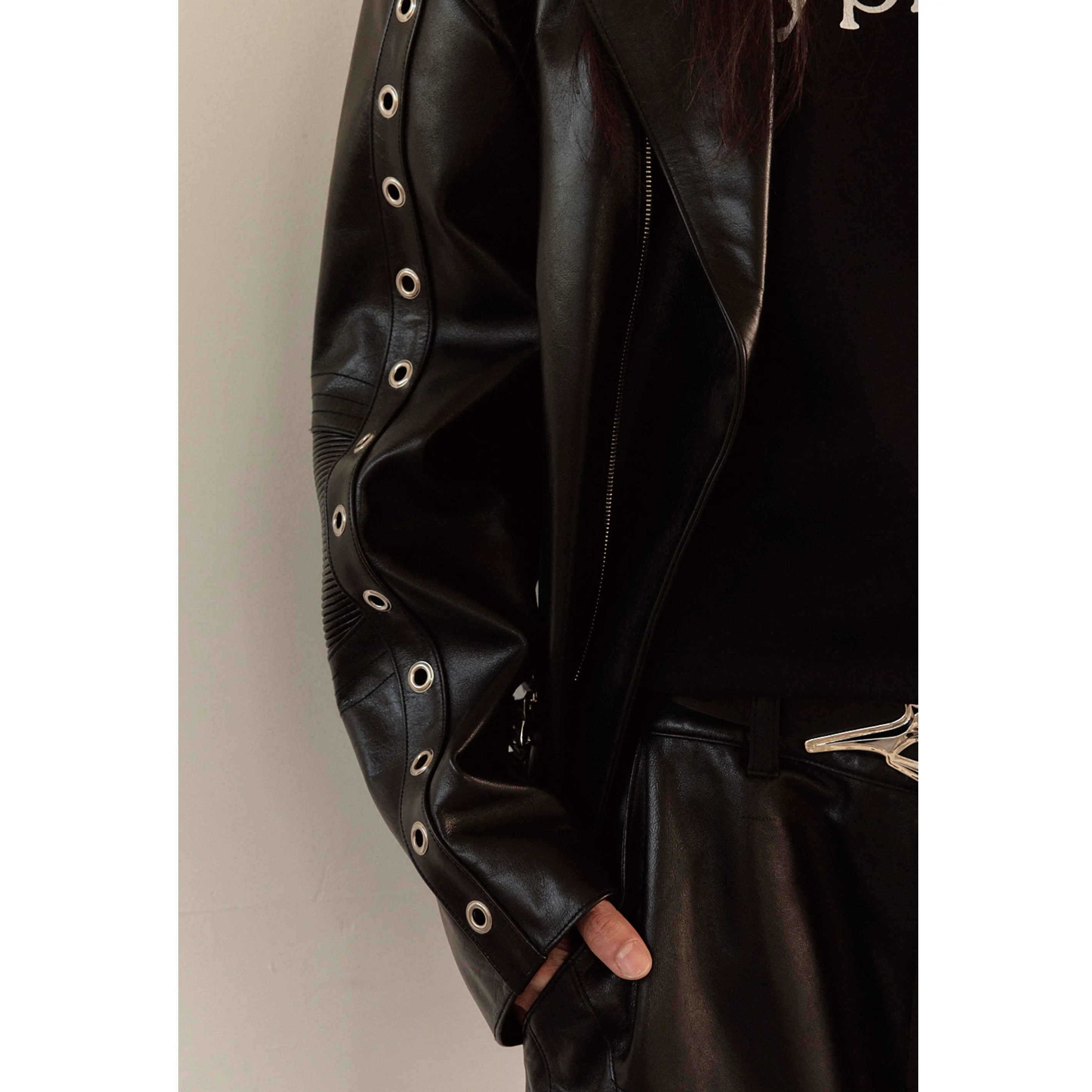 WIDE LEATHER RIDER JACKET / BLACK - Image 41