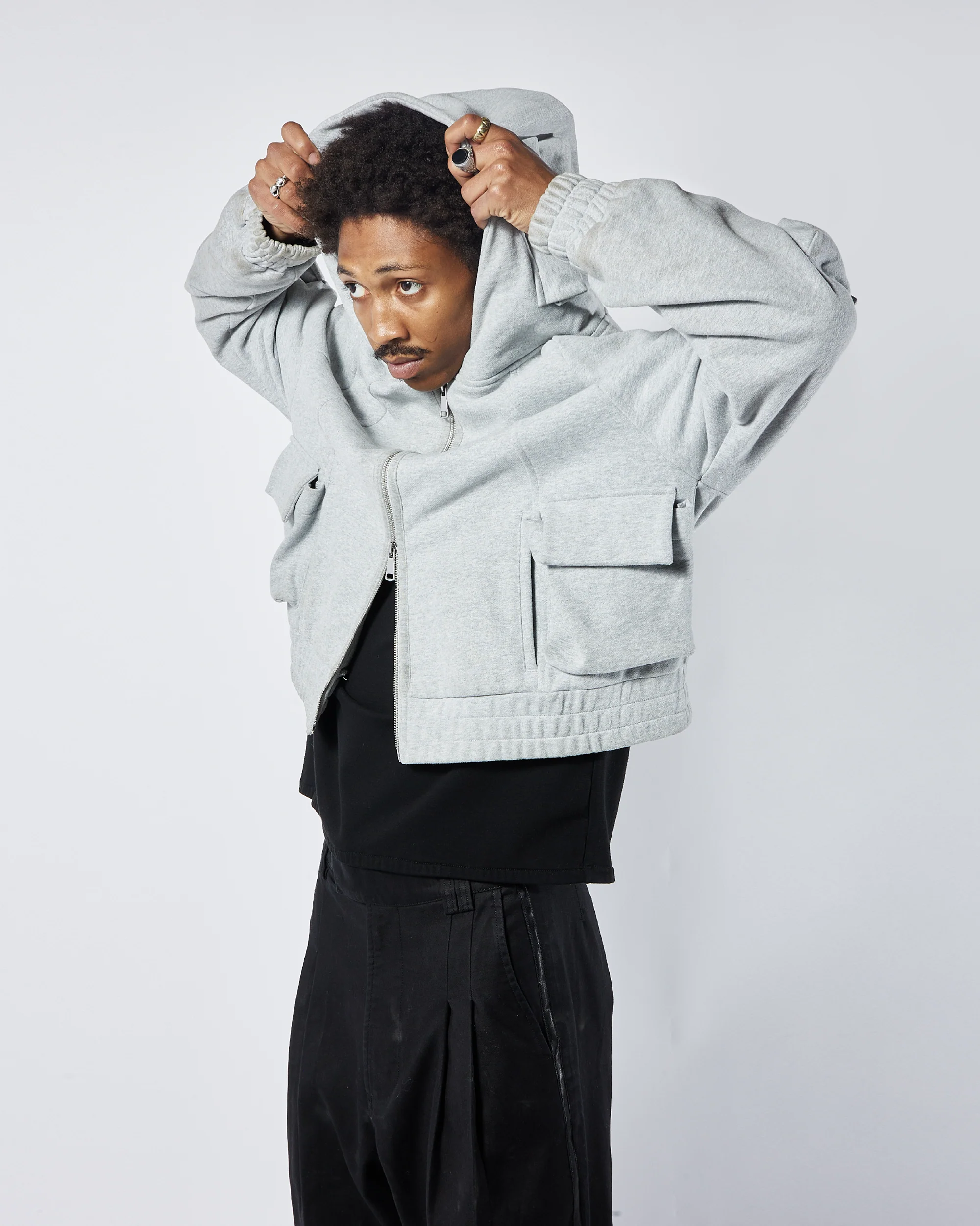 Zip Up Cargo Hoodie- HEATHER GRAY - Image 3